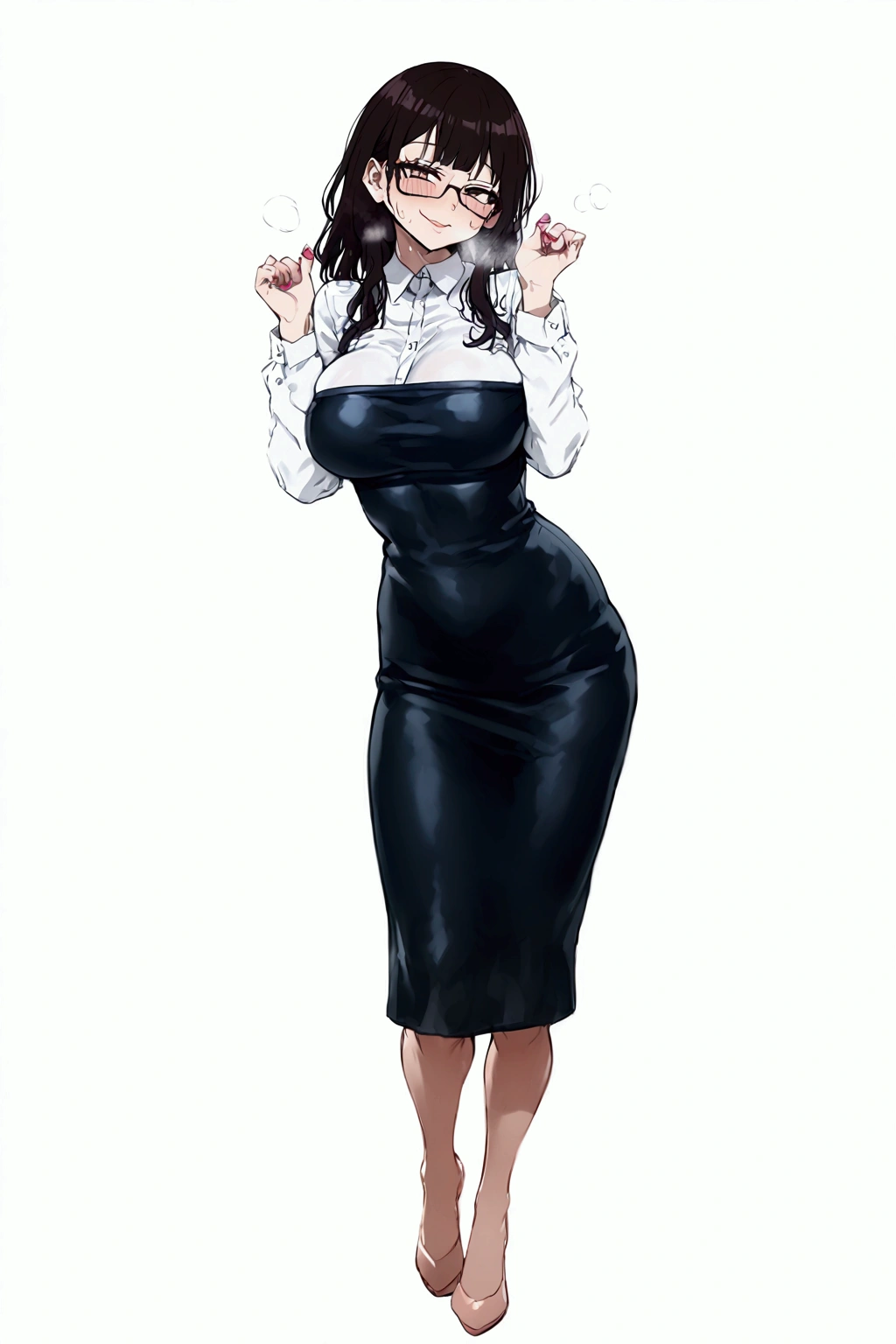 Himiko Toga from the anime boku no hero with big boobs and and wearing a sexy office dress and looking to the camera with a naughty face and heavy breathing and sweating from hot