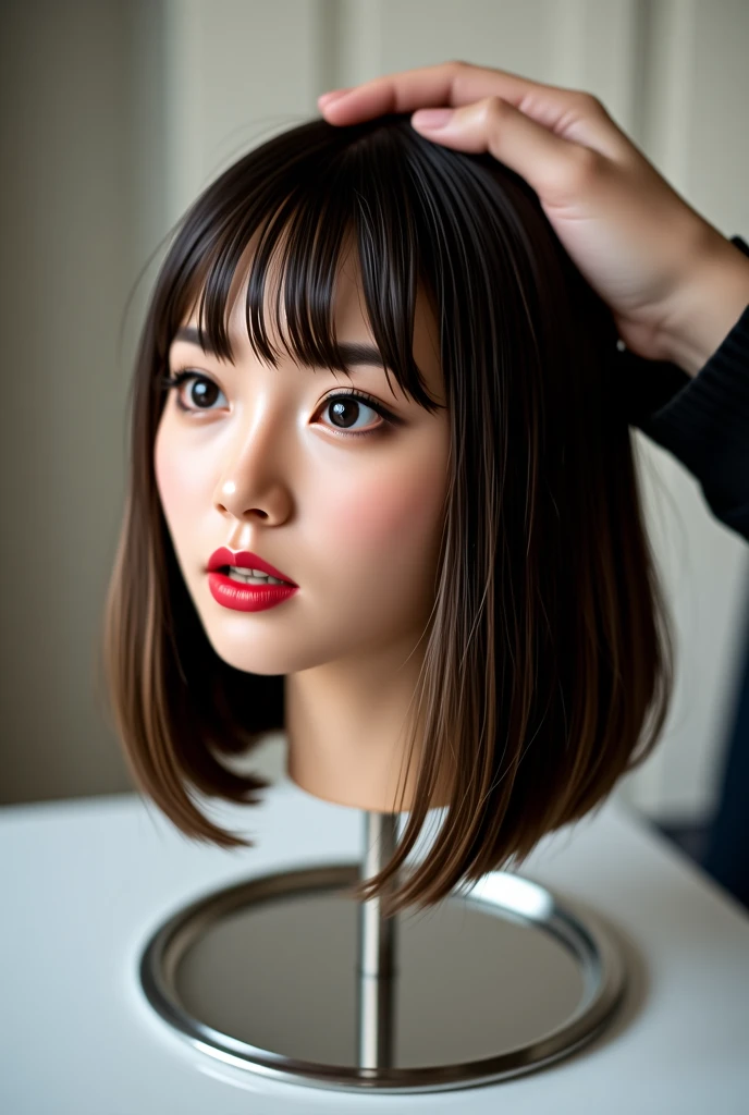 Close view of a beautiful **** japan girl's disembodied head, standing on a silver tray, she has beautiful straight thick smooth silky dark brunette long bob hair with bangs, the woman's face showing fear, her eyes are wide open, her mouth is wide open, her tongue is sticking out of her mouth, she is looking up, one hand is carressing the back of her head