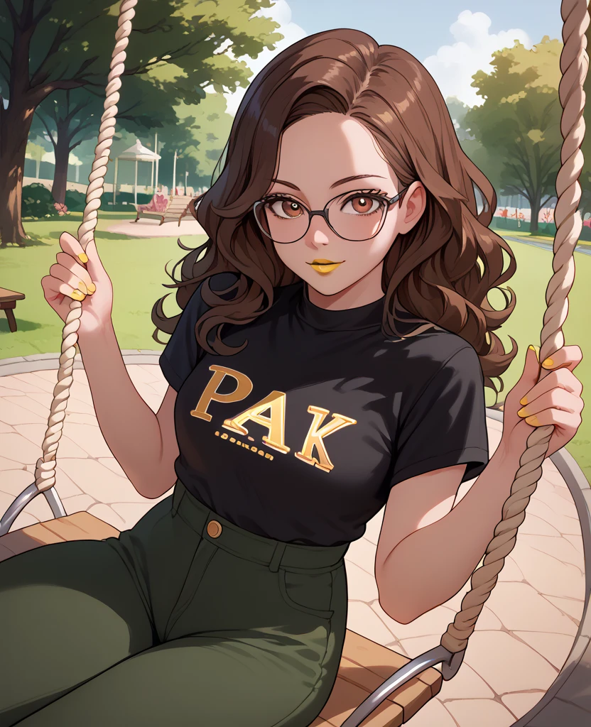 woman, dark brown hair, brown eyes, white skin, black shirt, dark green pants, yellow lipstick, wavy hair, looking at viewer, anime style, sitting on a swing, park in the background, glasses,