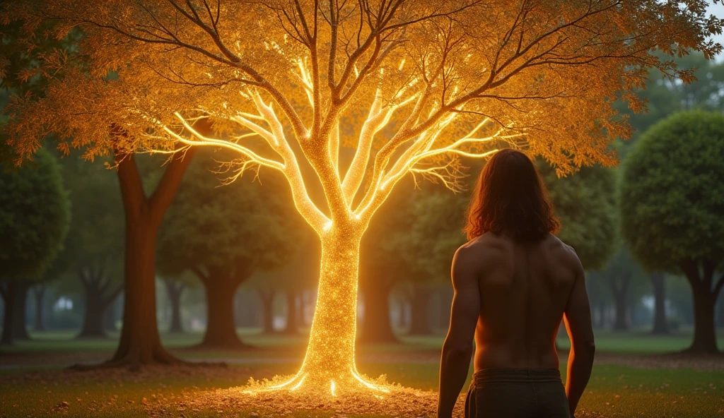 man without clothes, beard and long brown hair;  looking at a warm light, in the middle of a beautiful garden one tree is silver and the other is golden, but they are intertwined. The tree trunks stand out in their respective colors, with a radiant shine.
In the background, other normal trees make up the environment, surrounding the tree, creating a magical atmosphere.