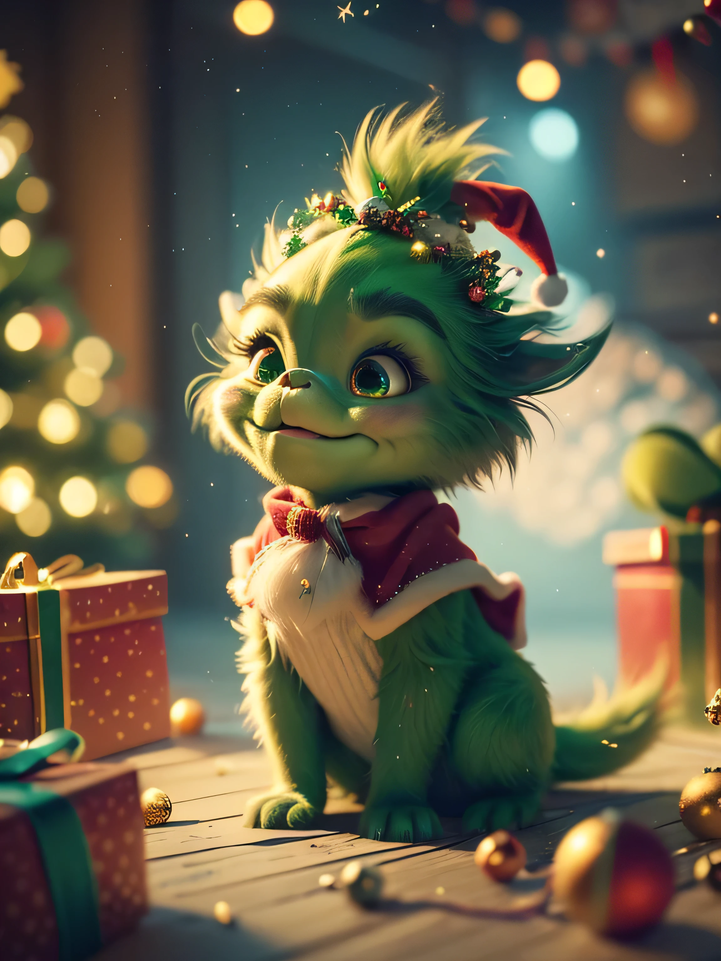 (Full Body), (facing the viewer) A handsome, charming Grinch. The entire scene is bathed in a soft, ethereal light, enhancing the magical and fantastical quality of the image. The Grinch should appear as a seamless part of the landscape, blending perfectly with the environment, yet maintaining distinct, realistic features that highlight his cuteness and charm. Hyperrealistic, Art Splashes, Concept Art, Medium Shot, Intricate Detail, Color Depth, Vibrant Colors, Dramatic, 2/3 Angle, Side Light, Colorful Background. Christmas Lights in the Background and a Christmas Tree. Christmas theme, blurred background, fantasy, Gouves style artwork, realism: 1.37, (super fine fantasy art), masterpiece, high quality design & accurate physics (super accurate fantasy style)) art, dark fantasy style)), super accurate design & accurate physics), color, depth of field, shadows, ray tracing, (accurate simulation of the interaction of light and materials)], intricate Christmas decorations, glowing garlands, sparkling decorations, natural light, soft background, photorealistic, sparkling eyes, sharp focus, glowing skin, cute and naughty look, hint of mischief, dreamy atmosphere, super glossy effect, fine details, soft ambient light, (Backlight: 1.3), (Cinematic: 1.2), intricate details, (ArtStation: 1.3)