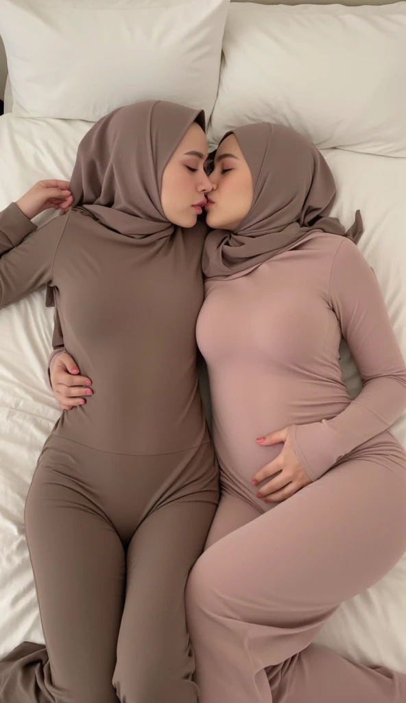 A romantic couple in a hug and kissing with seducting look and lustfull. featuring a young korean woman, slim, Slender, thin , tall, white skin, in a grey hijab long pashmina, super transparent robe floral gamis, unbuttoned loose opened clothes, slightly chubby, sitting on the lap of a stylish man in a sleevelees white shirt, leaning in the wall, in the middle of room office, background inside office