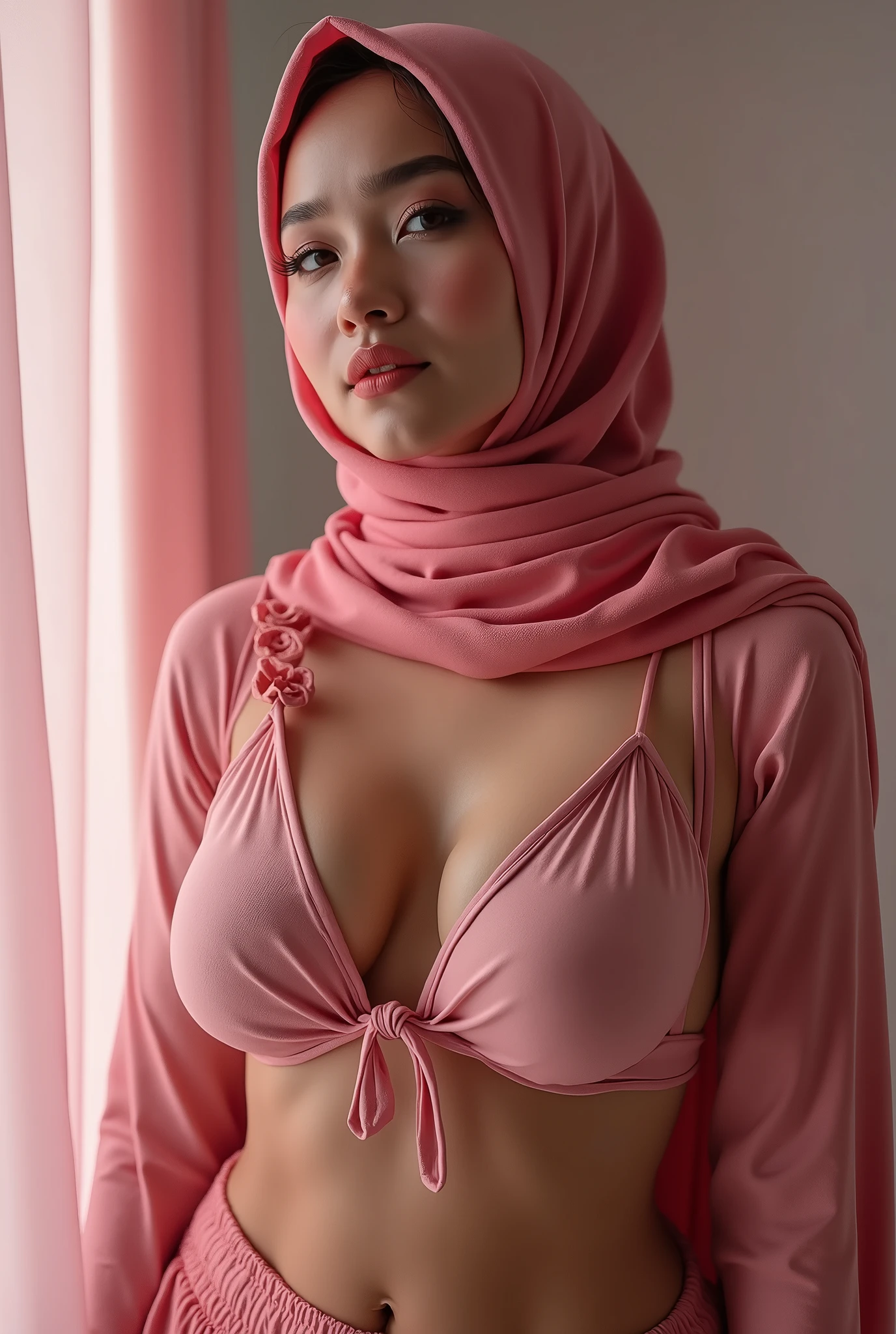 hijab malay, transparent kimono, pink panties