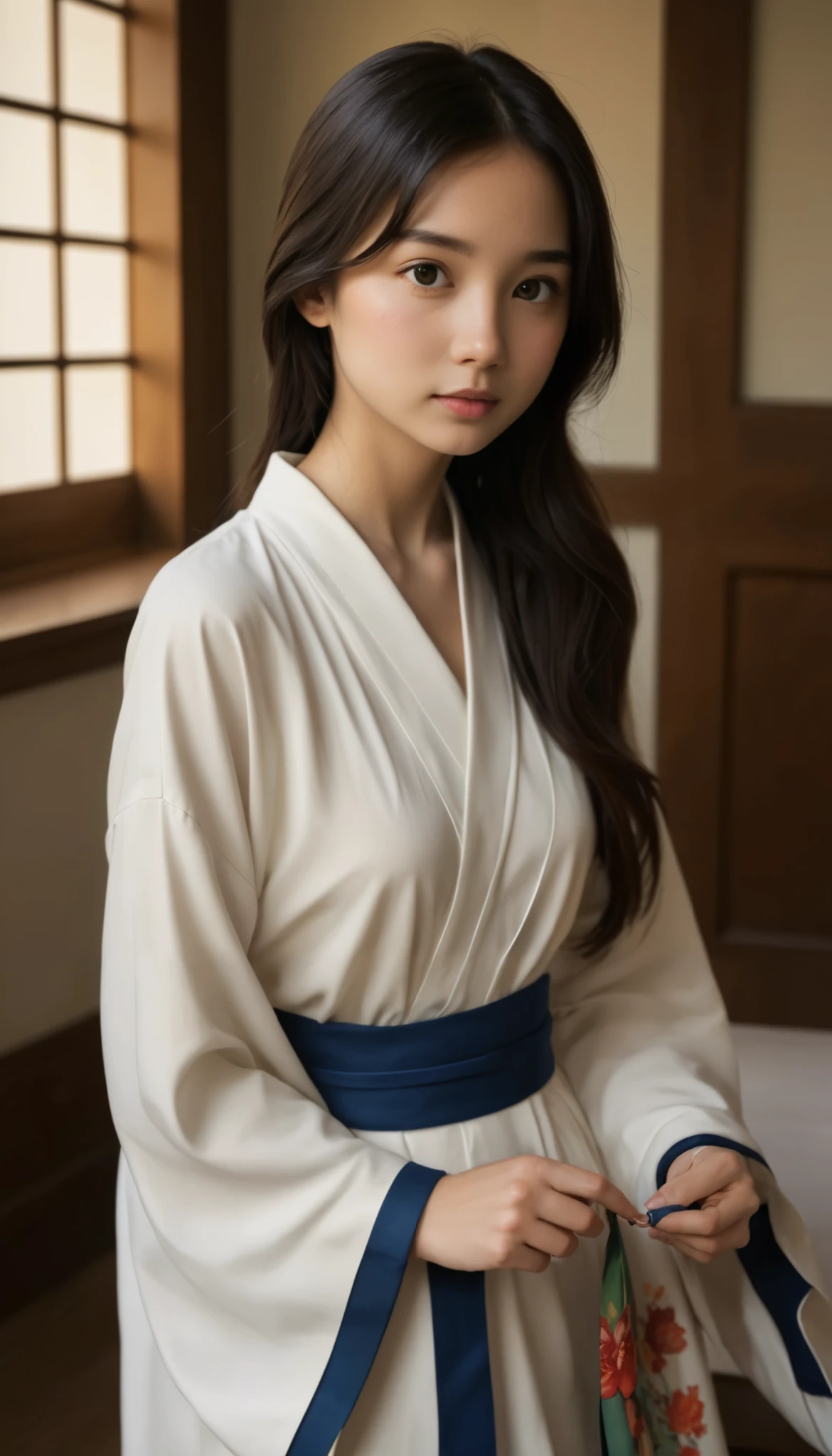  Renaissance painting of a Japanese girl,  beautiful dark hair, Standing out in a very cute way , 