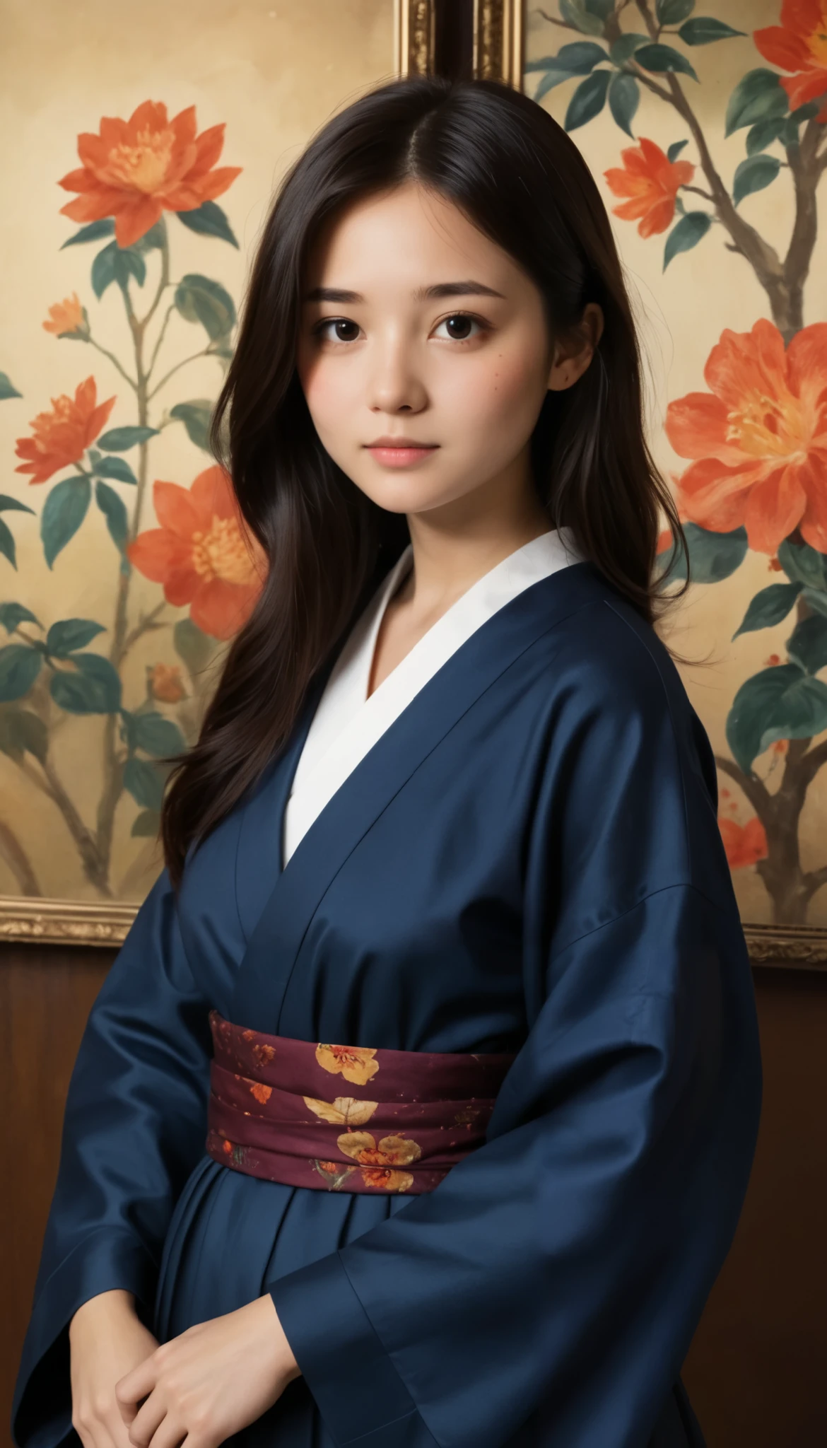  Renaissance painting of a Japanese girl,  beautiful dark hair, Standing out in a very cute way , 