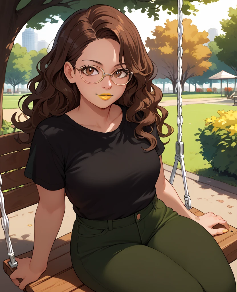 woman, dark brown hair, brown eyes, white skin, black shirt, dark green pants, yellow lipstick, wavy hair, looking at viewer, anime style, sitting on a swing, park in the background, glasses,