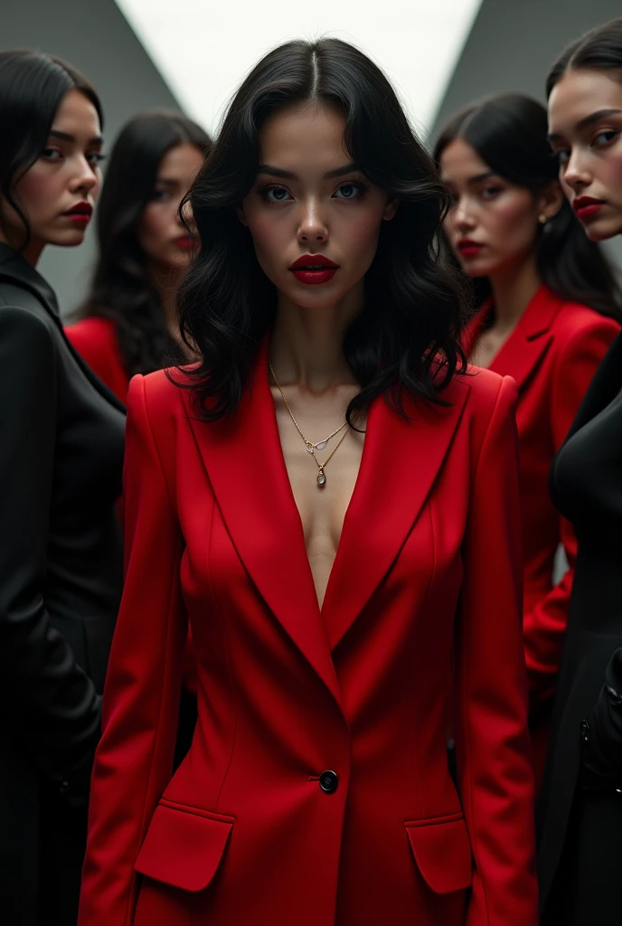 inspired by Devious Maids.In the center, the main character wears red, a brunette with wavy hair.To the right, there are two young women dressed in black:The one in the mid-ground is mixed-race with curly hair.The one in the background is white with straight hair.To the left, there are two young men dressed in black:The one in the mid-ground is tall, muscular, with a taper fade haircut and wavy brown hair.The one in the background has a platinum blonde buzz cut, brown eyes, pale skin, and scars.The background is inspired by Charmed and Twilight.
(Fantastic realiste style)
