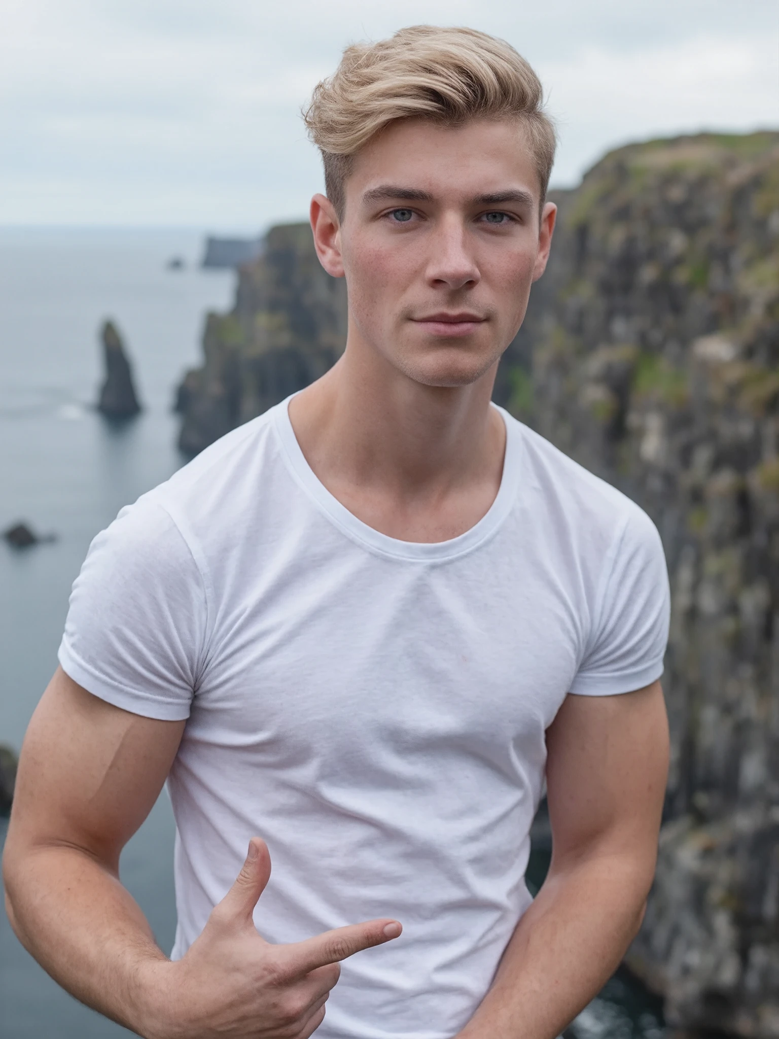 Make a young Germanic man, he is blond, blue-eyed, semi-albino, he is 32 years old he is 2,10 His appearance is robust and slightly handsome, His physique is athletic, he is very white, He is a little calm and can get a good laugh out of his friends, he is in an open field a little cloudy without rain, with a slight smile on your face, photo realistic image.