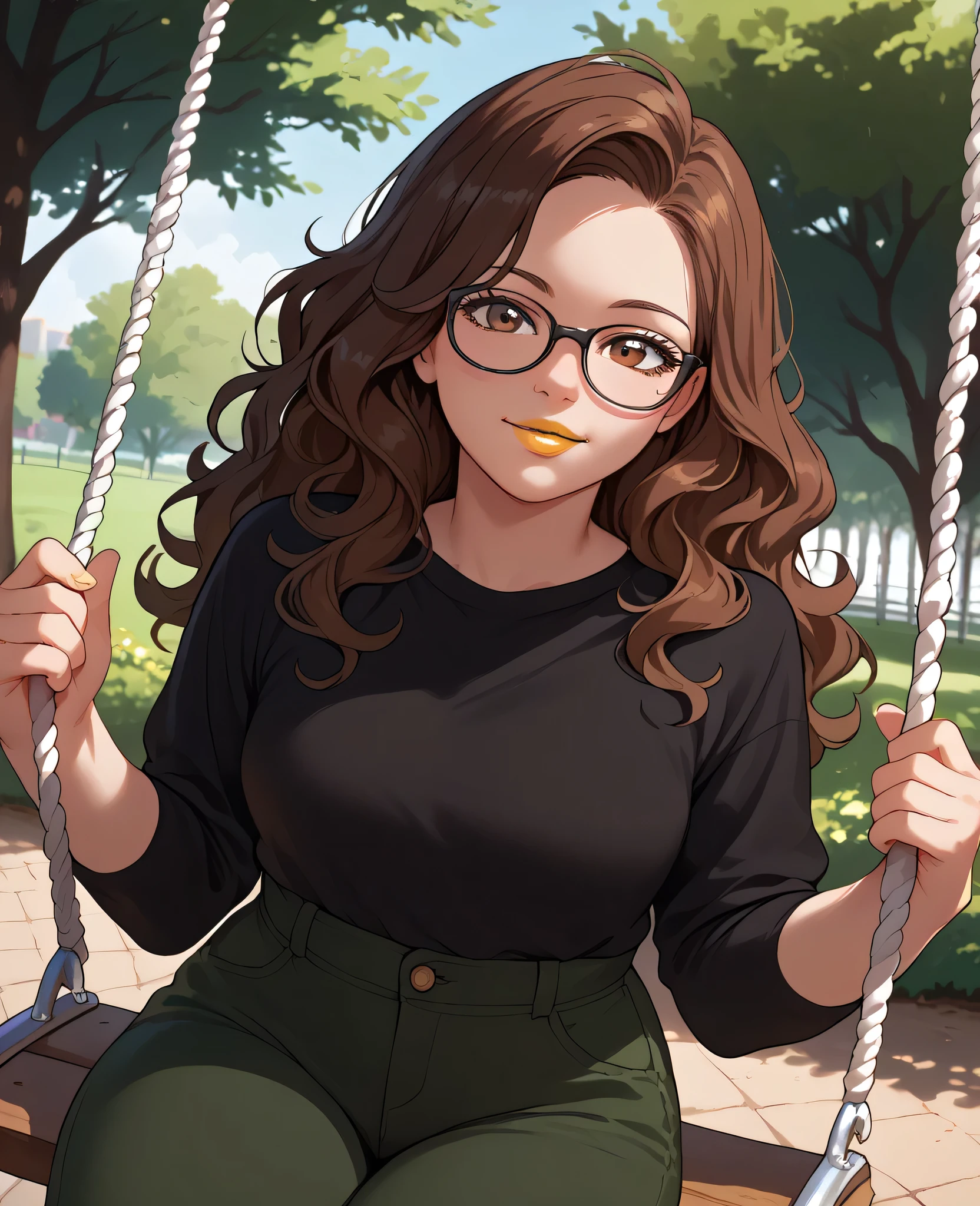 woman, dark brown hair, brown eyes, white skin, black shirt, dark green pants, yellow lipstick, wavy hair, looking at viewer, anime style, sitting on a swing, park in the background, glasses,