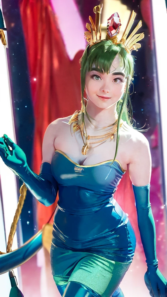 (masterpiece, top quality ,Ultra delicate,  perfect face,detailed eyes,16k,   high res ,   A Very Beautiful Girl Emerging From The Ground,raw photo,very cute,realistic photo,1 girl), Heavy makeup:1.3,  deep green hair  ,  Blue Latex Bodycon Dress ,   Long Blue Latex Gloves  , Light green tights ,  Big Breasts , tall cylindrical gold headpiece ,   blue-white skin, Red gem on forehead:2.0, ((Cosmetics counter  )),   necklace,  smile ,  cowboy shot,slender,having cosmetic items