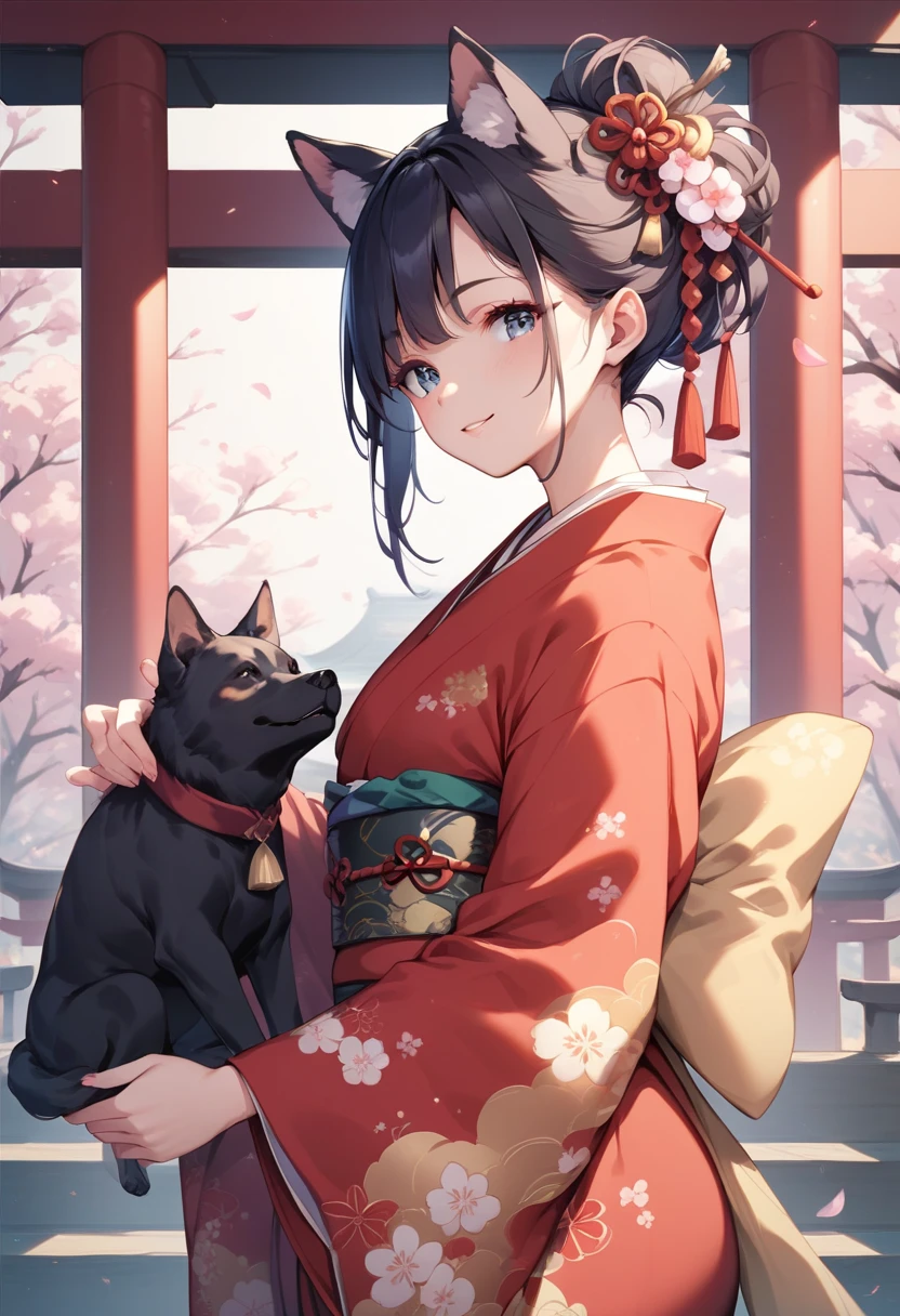 Age 25，Woman with dog ears，   Very black hair，         black ear       ， January， adult，kimono，New Year，first visit of the year to a shrine，