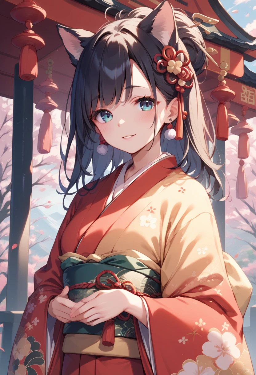 Age 25，Woman with dog ears，   Very black hair，         black ear       ， January， adult，kimono，New Year，first visit of the year to a shrine，