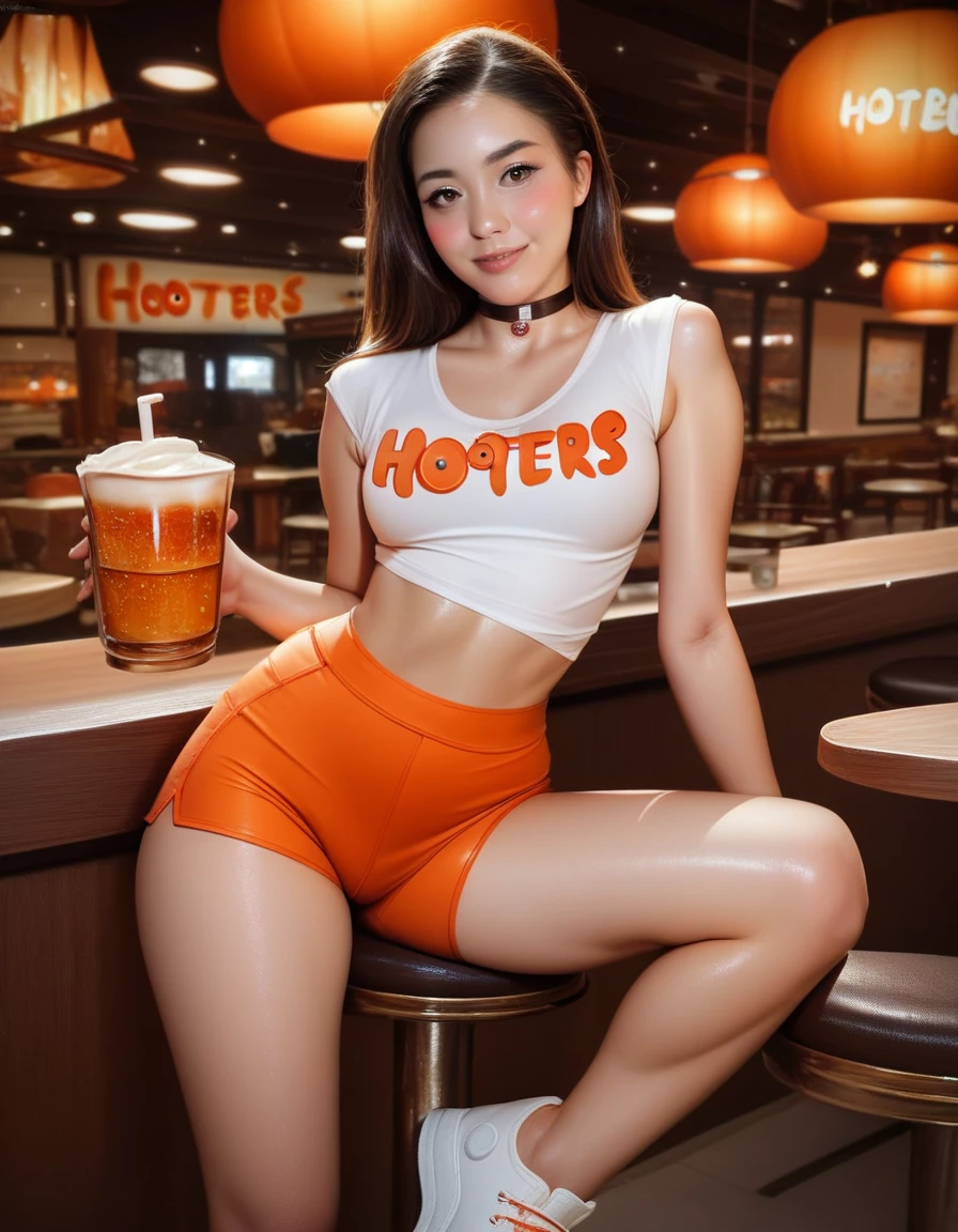 Cute short Hooters woman straddling bar stool, Hooters outfit, petite, small, big boobs, thick thighs, tight white shirt, tight orange shorts, white sneakers, cute, brunette hair, large brown eyes, black eye liner, black neck choker, shiny lips, red cheeks, blushing, seductive expression, restaurant background, realistic, extremely detailed, Highest quality, High resolution, photorealistic
