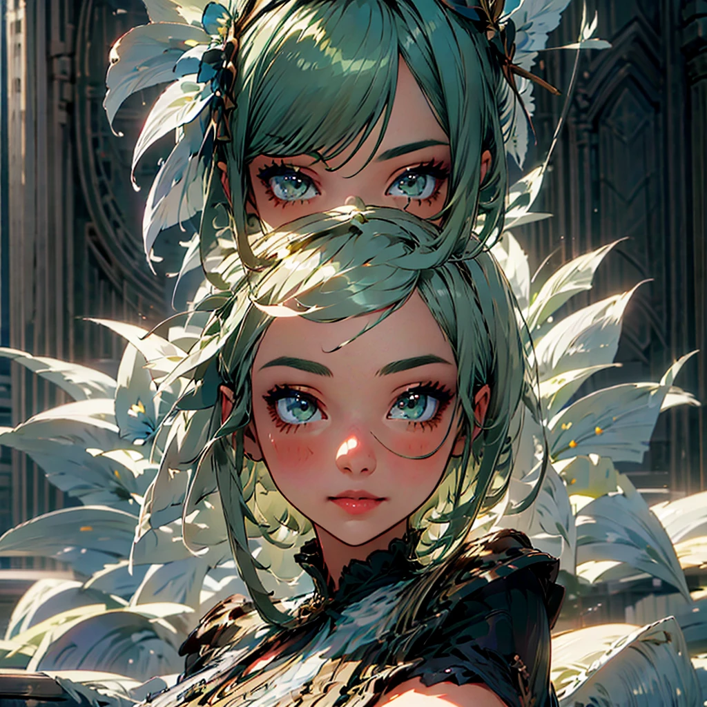 1girl, ((green short hair with parted bangs)), bright yellow eyes, beautiful detailed eyes, beautiful detailed lips, extremely detailed face, cute smile, (((blue skin))), greek clothing, white background, ((character sheet)), ultra-detailed,concept art,digital painting,vibrant colors,natural lighting, (full body)