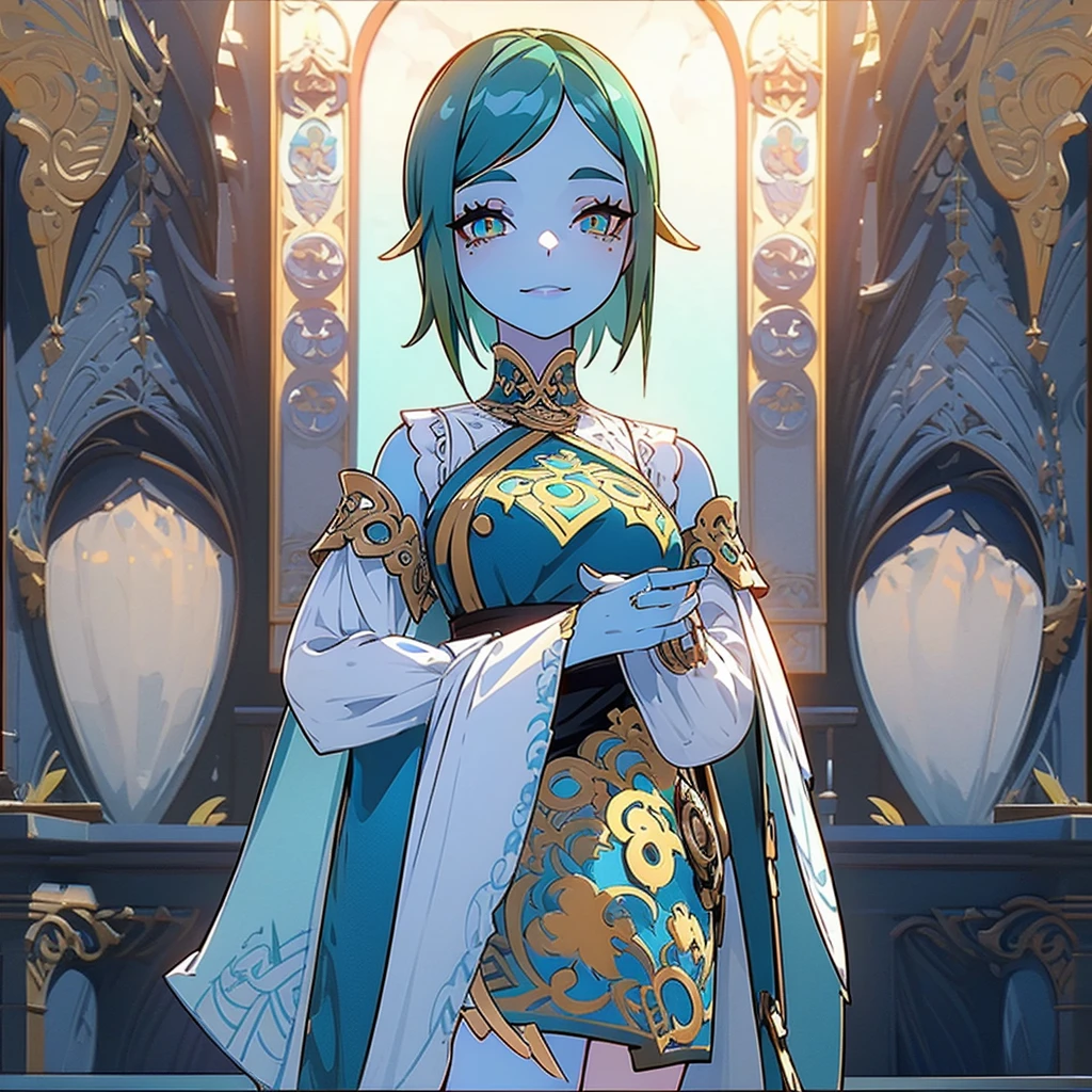 1girl, ((green short hair with parted bangs)), bright yellow eyes, beautiful detailed eyes, beautiful detailed lips, extremely detailed face, cute smile, (((blue skin))), greek clothing, white background, ((character sheet)), ultra-detailed,concept art,digital painting,vibrant colors,natural lighting, (full body)