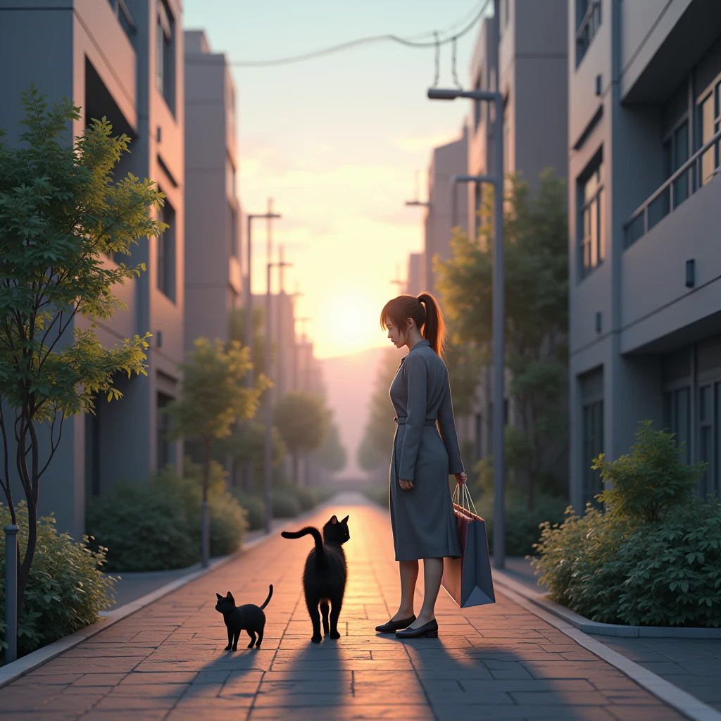 (  realistic  ,photo  realistic  ,photo-  realistic  :1.37),  a small path in a residential area lined with Japanese condominiums 、白のピナフォアドレスを着るスコティッシュフォールドの  black cat ((Cait Sith))、 2本足で歩く人間の背丈と同じくらいbody格の良いスコティッシュフォールドの  black cat ((Cait Sith)) body、  small droopy ears  、 Details, Narrow eyes, Half an eye, Half Eye, (The hair on the neck is brown)、 with a shopping basket in her hand  、  Japanese woman with brown ponytail is wearing a gray business suit and carrying shopping bags 、 a woman and a  black cat are watching each other 、  a pleasant scene after shopping at dusk  、飼い猫の  black cat が人間のように振る舞うユーモラスな世界観、  black cat 。