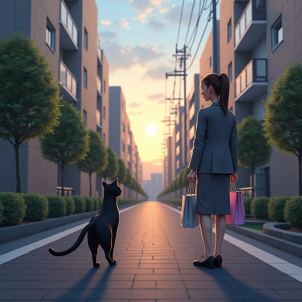 (  realistic  ,photo  realistic  ,photo-  realistic  :1.37),  a small path in a residential area lined with Japanese condominiums 、白のピナフォアドレスを着るスコティッシュフォールドの  black cat ((Cait Sith))、 2本足で歩く人間の背丈と同じくらいbody格の良いスコティッシュフォールドの  black cat ((Cait Sith)) body、  small droopy ears  、 Details, Narrow eyes, Half an eye, Half Eye, (The hair on the neck is brown)、 with a shopping basket in her hand  、  Japanese woman with brown ponytail is wearing a gray business suit and carrying shopping bags 、 a woman and a  black cat are watching each other 、  a pleasant scene after shopping at dusk  、飼い猫の  black cat が人間のように振る舞うユーモラスな世界観、  black cat 。