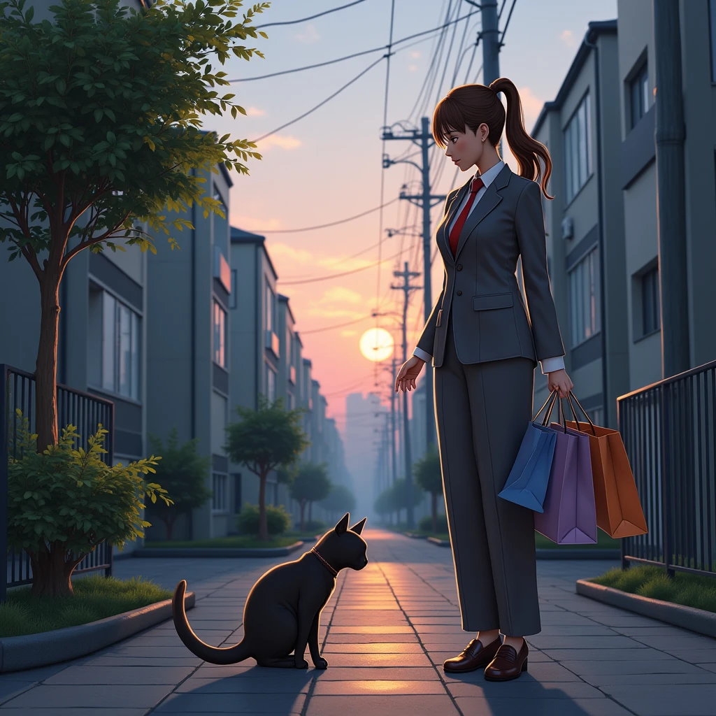 (  realistic  ,photo  realistic  ,photo-  realistic  :1.37),  a small path in a residential area lined with Japanese condominiums 、白のピナフォアドレスを着るスコティッシュフォールドの  black cat ((Cait Sith))、 2本足で歩く人間の背丈と同じくらいbody格の良いスコティッシュフォールドの  black cat ((Cait Sith)) body、  small droopy ears  、 Details, Narrow eyes, Half an eye, Half Eye, (The hair on the neck is brown)、 with a shopping basket in her hand  、  Japanese woman with brown ponytail is wearing a gray business suit and carrying shopping bags 、 a woman and a  black cat are watching each other 、  a pleasant scene after shopping at dusk  、飼い猫の  black cat が人間のように振る舞うユーモラスな世界観、  black cat 。