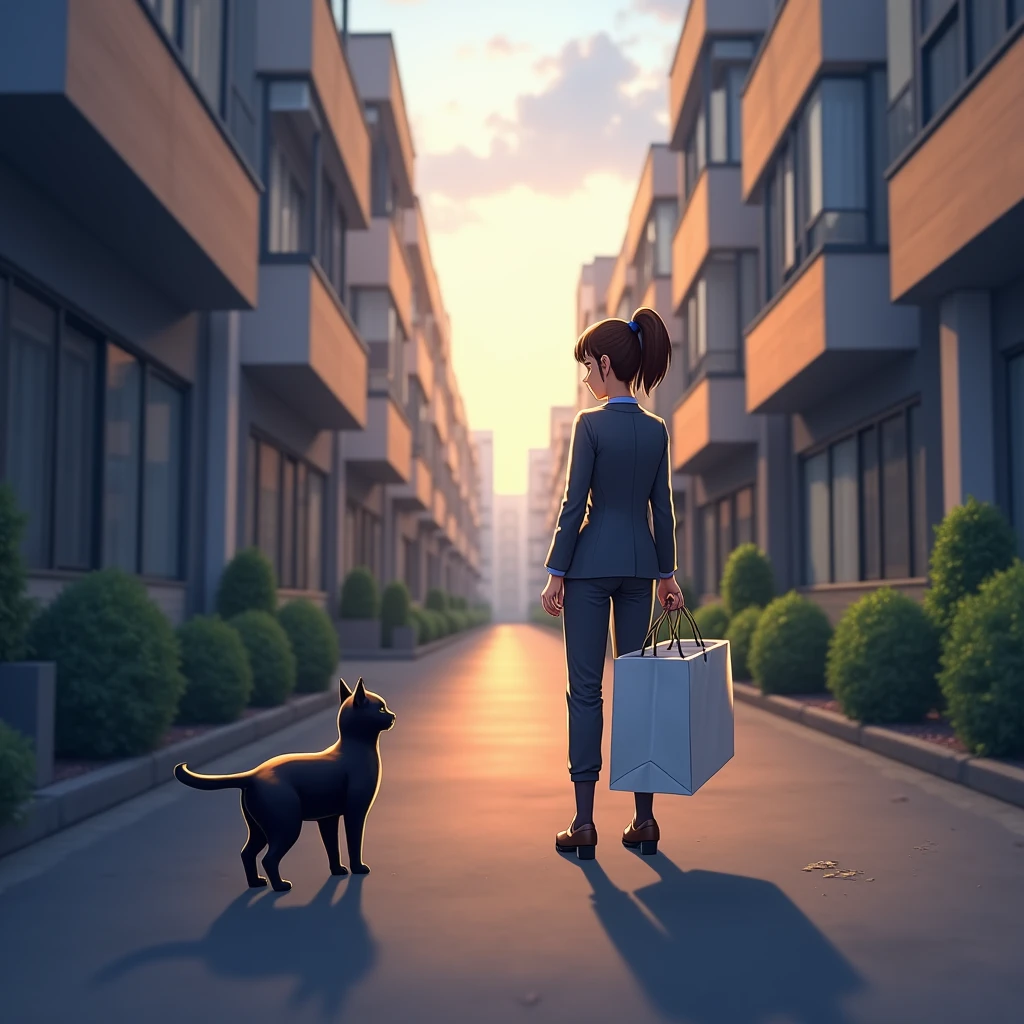 (  realistic  ,photo  realistic  ,photo-  realistic  :1.37),  a small path in a residential area lined with Japanese condominiums 、白Tシャツドレスを着るスコティッシュフォールドの  black cat ((Cait Sith))、 2本足で歩く人間の背丈と同じくらいbody格の良いスコティッシュフォールドの  black cat ((Cait Sith)) body、  small droopy ears  、 Details, Narrow eyes, Half an eye, Half Eye, (The hair on the neck is brown)、 with a shopping basket in her hand  、  Japanese woman with brown ponytail is wearing a gray business suit and carrying shopping bags 、 a woman and a  black cat are watching each other 、  a pleasant scene after shopping at dusk  、飼い猫の  black cat が人間のように振る舞うユーモラスな世界観、  black cat 。