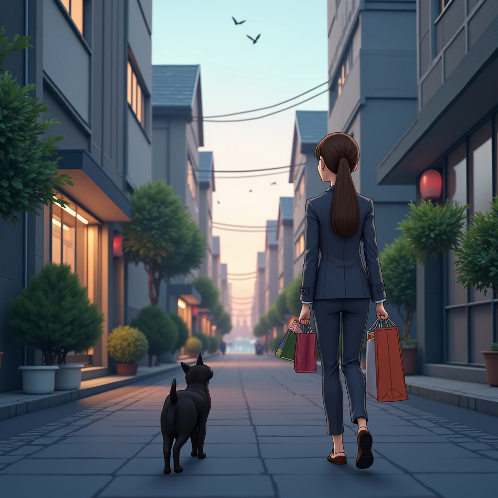 (  realistic  ,photo  realistic  ,photo-  realistic  :1.37),  a small path in a residential area lined with Japanese condominiums 、白Tシャツドレスを着るスコティッシュフォールドの  black cat ((Cait Sith))、 2本足で歩く人間の背丈と同じくらいbody格の良いスコティッシュフォールドの  black cat ((Cait Sith)) body、  small droopy ears  、 Details, Narrow eyes, Half an eye, Half Eye, (The hair on the neck is brown)、 with a shopping basket in her hand  、  Japanese woman with brown ponytail is wearing a gray business suit and carrying shopping bags 、 a woman and a  black cat are watching each other 、  a pleasant scene after shopping at dusk  、飼い猫の  black cat が人間のように振る舞うユーモラスな世界観、  black cat 。