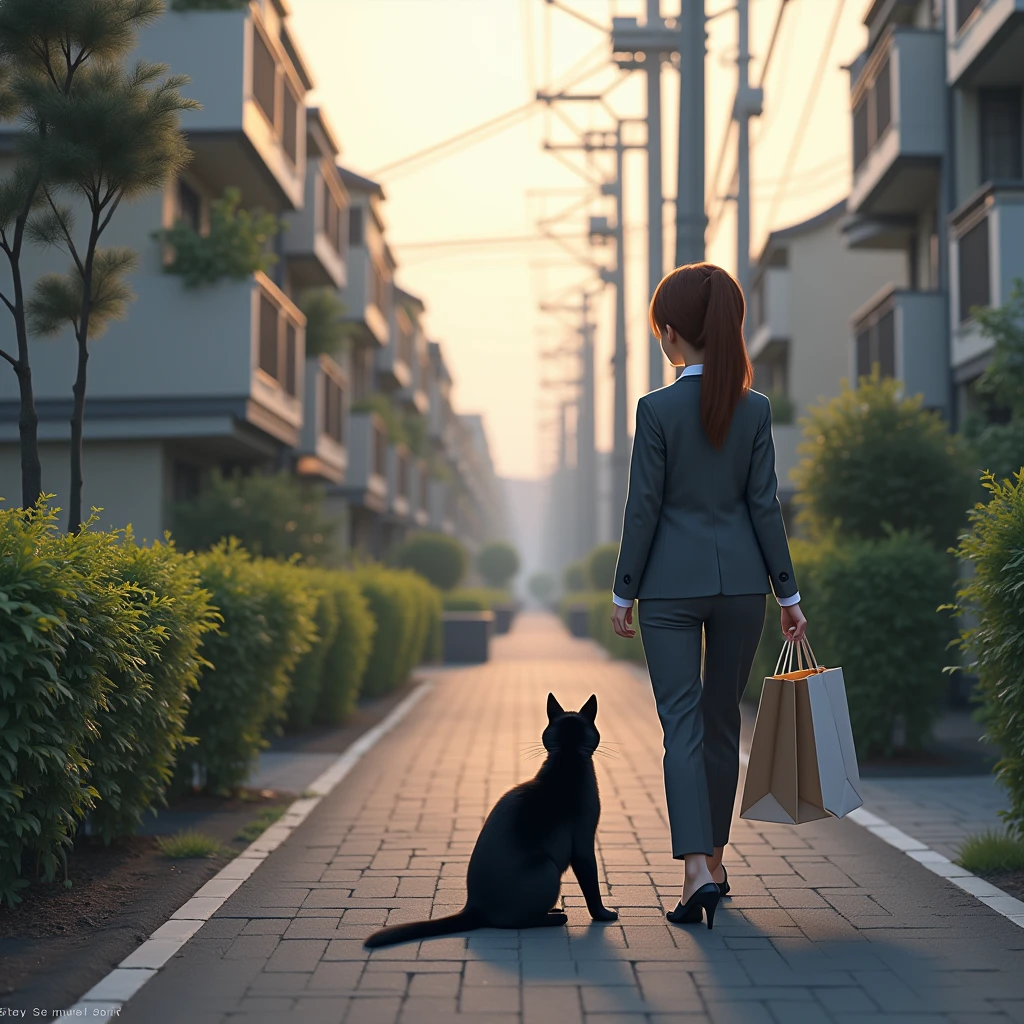 (  realistic  ,photo  realistic  ,photo-  realistic  :1.37),  a small path in a residential area lined with Japanese condominiums 、白Tシャツドレスを着るスコティッシュフォールドの  black cat ((Cait Sith))、 2本足で歩く人間の背丈と同じくらいbody格の良いスコティッシュフォールドの  black cat ((Cait Sith)) body、  small droopy ears  、 Details, Narrow eyes, Half an eye, Half Eye, (The hair on the neck is brown)、 with a shopping basket in her hand  、  Japanese woman with brown ponytail is wearing a gray business suit and carrying shopping bags 、 a woman and a  black cat are watching each other 、  a pleasant scene after shopping at dusk  、飼い猫の  black cat が人間のように振る舞うユーモラスな世界観、  black cat 。