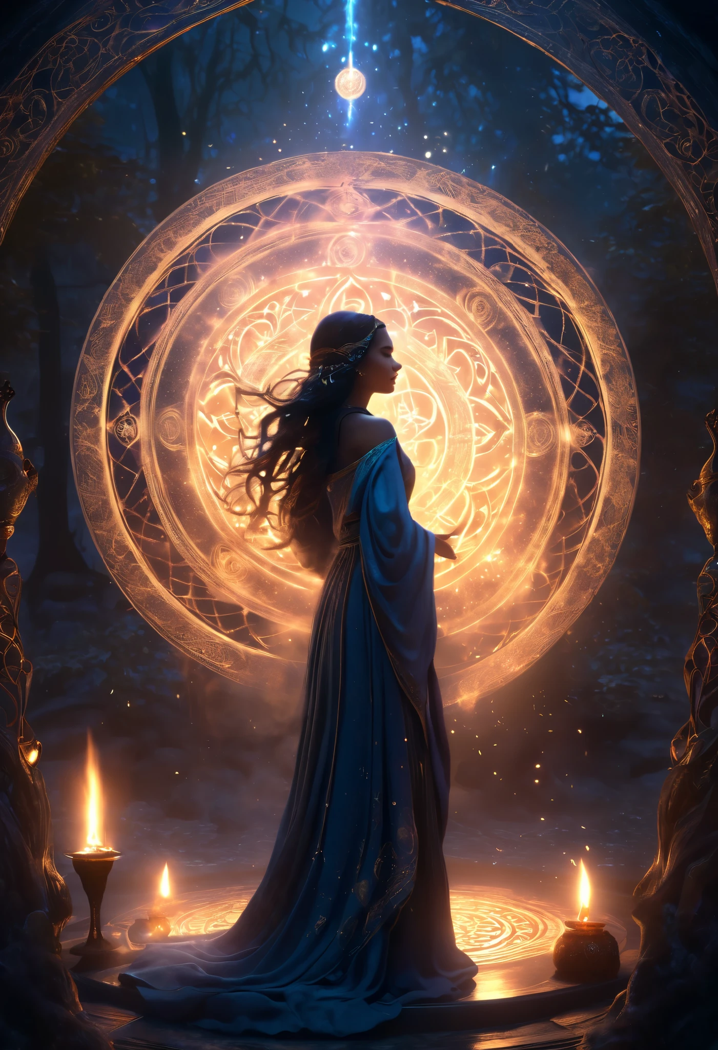( girl standing in the center of a magical circle ),Dark Arts,Detailed Carving ,Glowing Seal ,Ancient symbols, Fascinating Atmosphere , Mysterious Aura ,Exquisite patterns,The magical flame , flickering candle ,Smoke swirls ,Fairy Mist ,Mysterious glow,Dramatic lighting,I want to,Magical Elements, Mighty Energy , Magical Atmosphere , Otherworldly Beauty ,Enchanted magic, Enchanting Sight ,Supernatural Powers, transcendental charm ,Beautiful and mysterious , Dignified Beings , mystical essence , intricate design ,Spell casting, dark and mysterious ,Magic spells, Fairy Tales in Reality , magic was cast on her existence , dim room ,Supernatural Energy, the witch is the center of attention , Fascinating Spells ,Dark Arts,Fascinating Movement
