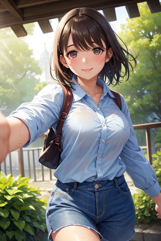 ( High Quality ,  high res,  Details),  realistic , Woman running with outstretched arms,  Lush Garden Backdrop , Gentle Breeze, Alone,  cute woman wet in the rain, Sparkling Eyes, ( detail eyes), (smile:1.2), , sweat,  oily skin ,  shallow depth of field,  Soft Writing , Bokeh、anegasaki nene、 shiny maroon hair,  short hair, ( brown pretty eyes )、smile、 sparkling eyes , (Fine grain)、 super detailed eyes、 very detailed face,  very detailed eyes, cowboy shot、