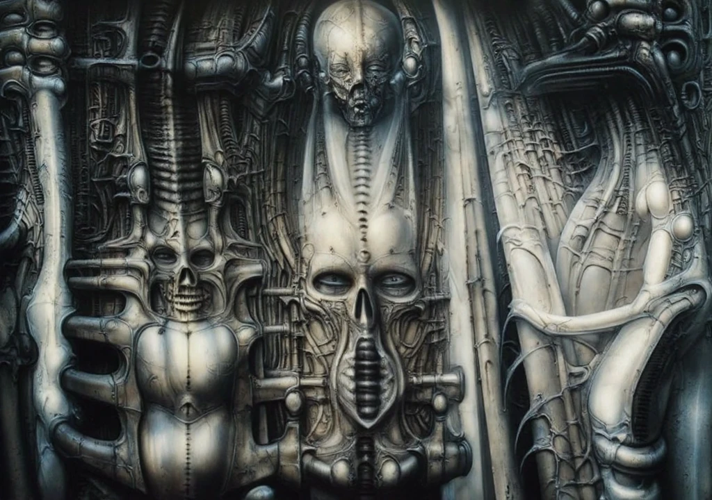 Create biomechanical tableau in h r giger's style. It is called /“ biomechanical landscape no 312 /”  by H. R. Giger  Can you please draw a pencil sketch on antique plot that depicts curse of Solomea in unmaskable Giger's style.The artwork depicts a labyrinthine network of interconnected tubes and pipes, creating a sense of claustrophobia and decay. The intricate details and the monochromatic color palette evoke a sense of mystery and unease.
Central Figure: A skeletal figure, possibly Solomea herself, could be the focal point. Her form should be twisted and distorted, with a skeletal frame overlaid with biomechanical elements.
Surrounding Environment: The figure should be surrounded by a labyrinthine network of tubes and pipes, reminiscent of Giger's signature style. These structures could be overgrown with fleshy, organic forms, suggesting decay and corruption.
Color Palette: A monochromatic palette of dark grays and blacks would create a sense of foreboding and mystery. Consider adding subtle hints of red or green to highlight certain details or to evoke a sense of decay.
Lighting: Use dramatic lighting to create a sense of depth and atmosphere. A single, harsh light source could cast long, distorted shadows, adding to the overall sense of unease.
Symbolism and Storytelling:

The Curse: The skeletal figure could be depicted in a state of torment, perhaps clawing at its own flesh or contorted into an unnatural position. This could symbolize the physical and psychological suffering caused by the curse.
The Labyrinth: The labyrinthine network of tubes and pipes could represent the labyrinthine nature of the curse itself, trapping the victim in an endless cycle of suffering.
The Unmaskable: The figure's face could be obscured by a mask or a veil, symbolizing the hidden nature of the curse and its enduring power.
By combining these elements, you can create a truly haunting and disturbing image that captures the essence of the curse of Solomea,,  , H.R. GIGER, BY GIGER