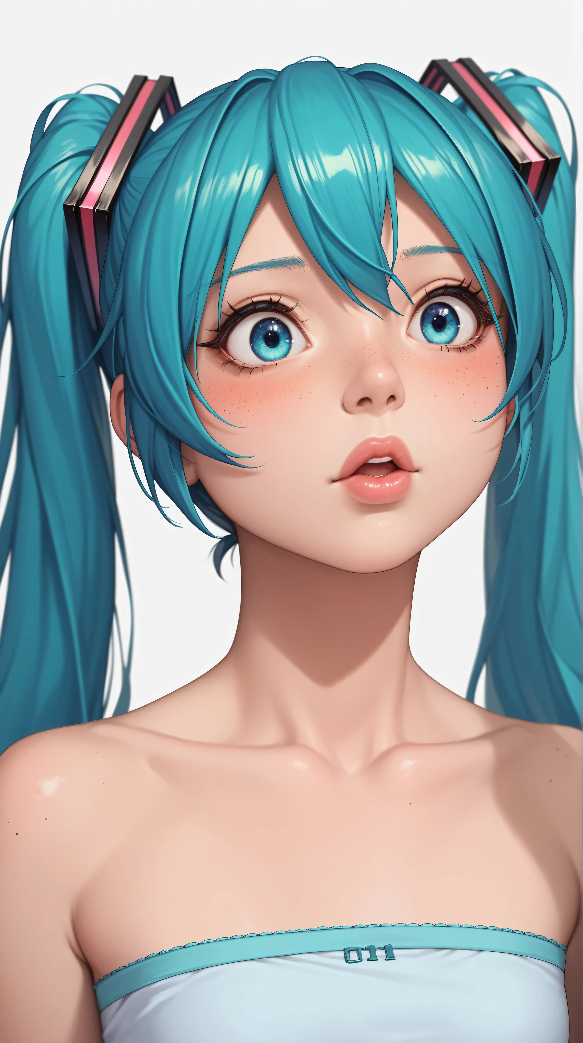 (masterpiece, highres, high resolution:1.2), anime 20 yo girl, hatsune miku from vocaloid, blue hair, blue eyes, portrait, shoulders up, illustration. drawn, blushing, solo, surprised, freckles, big lips, small breasts, perfect body, wearing a tube top, no hands.