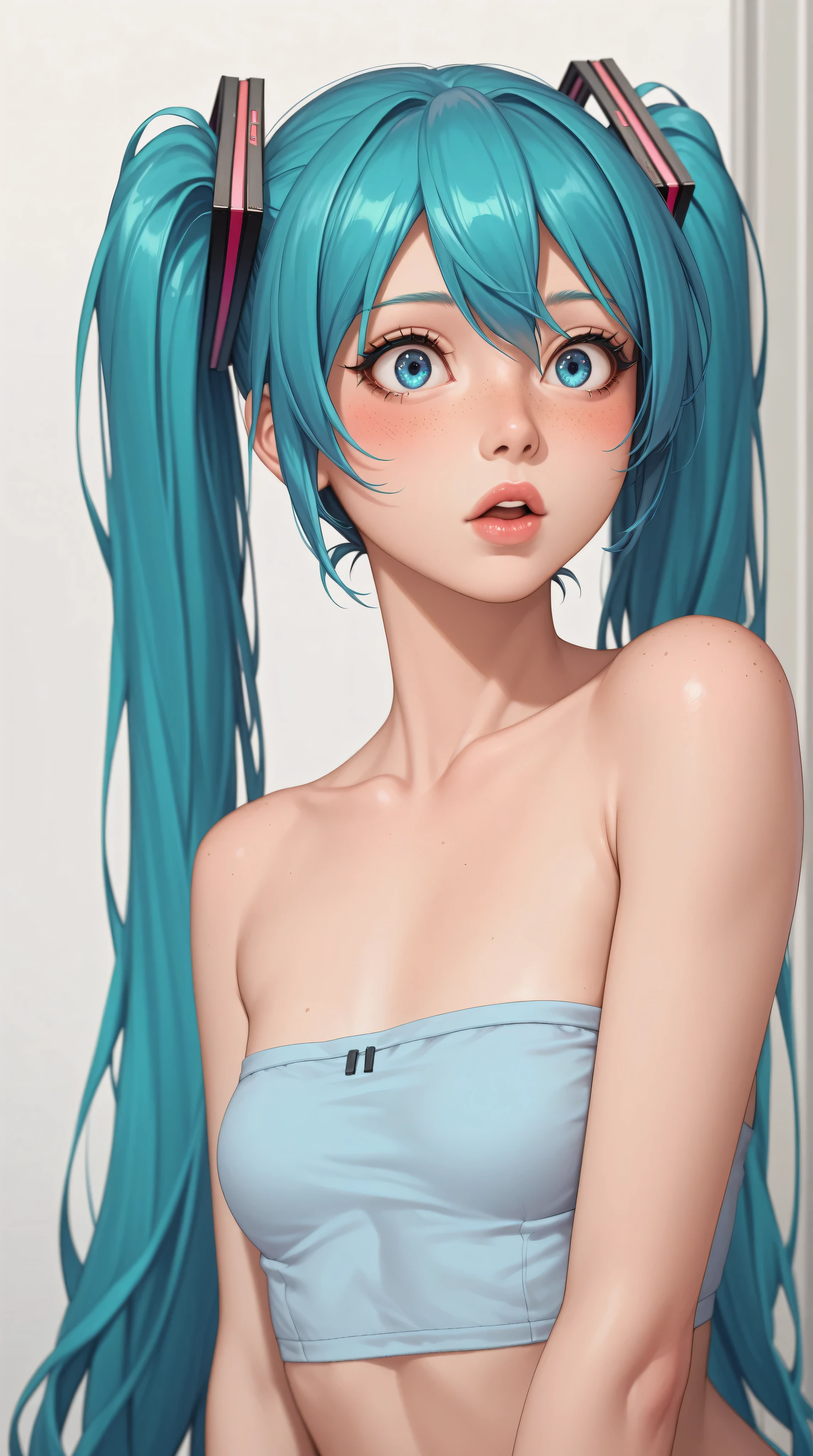 (masterpiece, highres, high resolution:1.2), anime 20 yo girl, hatsune miku from vocaloid, blue hair, blue eyes, portrait, shoulders up, illustration. drawn, blushing, solo, surprised, freckles, big lips, small breasts, perfect body, wearing a tube top, no hands.