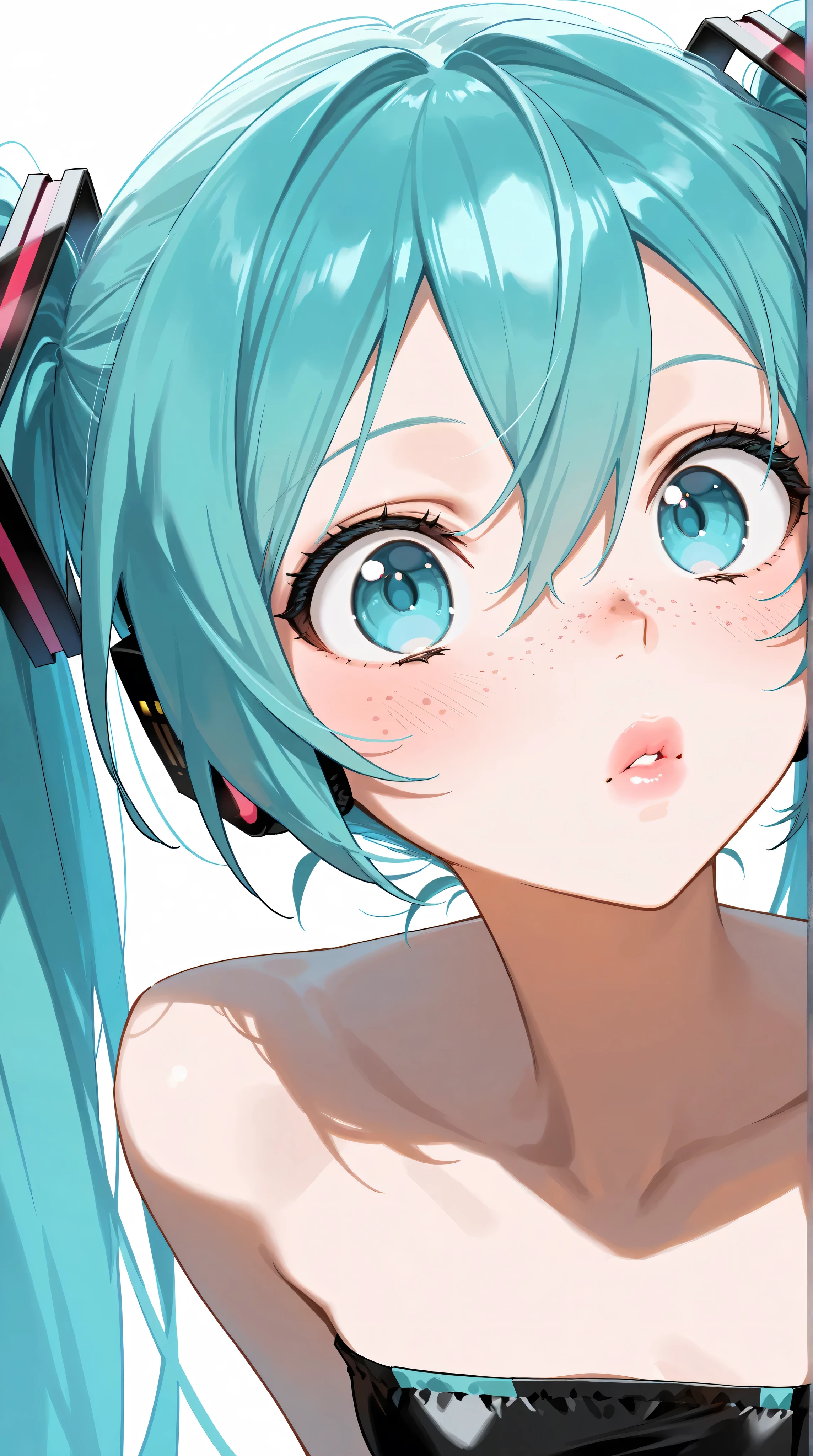 (masterpiece, highres, high resolution:1.2), anime 20 yo girl, hatsune miku from vocaloid, blue hair, blue eyes, portrait, shoulders up, illustration. drawn, blushing, solo, surprised, freckles, big lips, small breasts, perfect body, wearing a tube top, no hands.