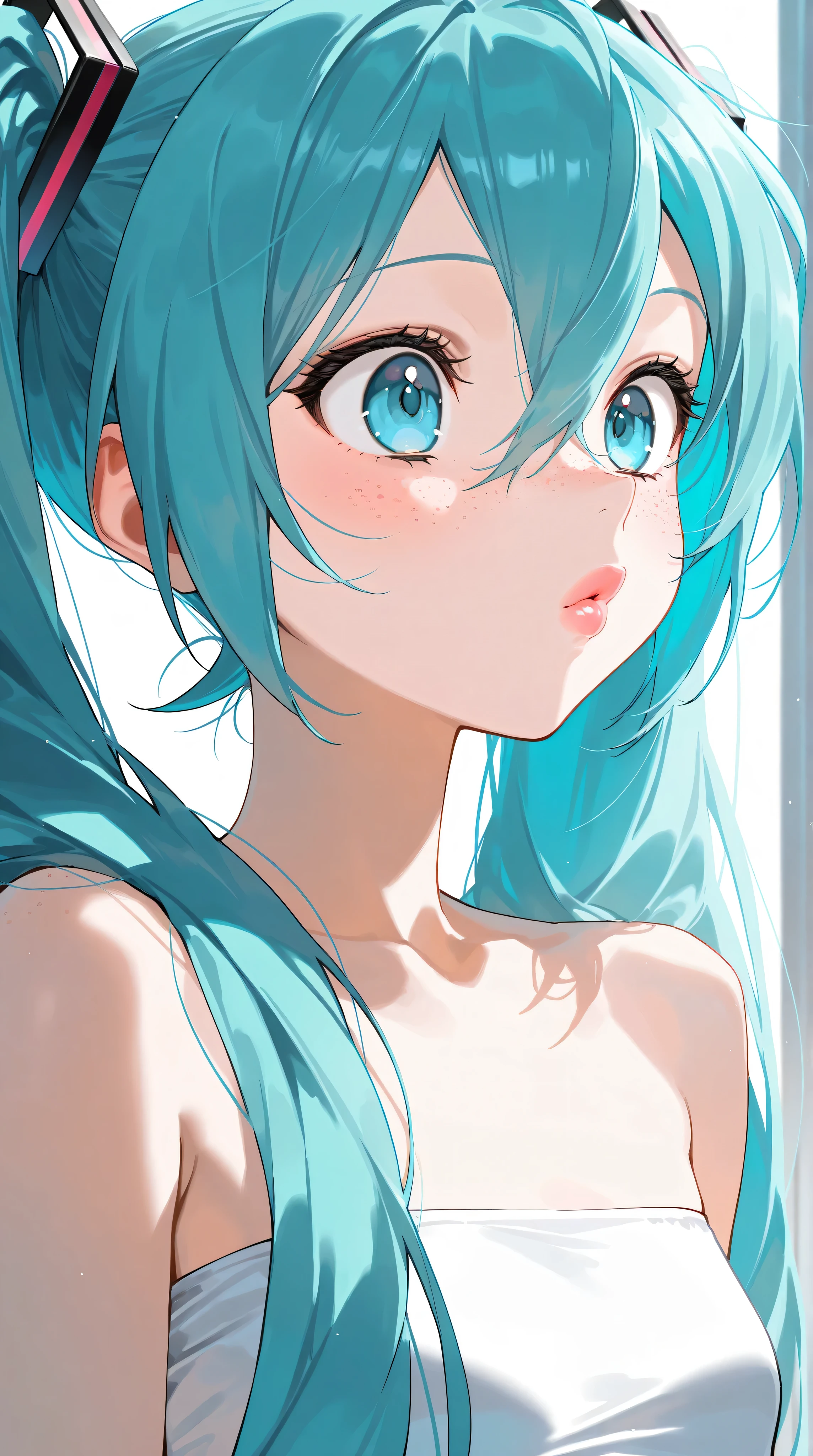 (masterpiece, highres, high resolution:1.2), anime 20 yo girl, hatsune miku from vocaloid, blue hair, blue eyes, portrait, shoulders up, illustration. drawn, blushing, solo, surprised, freckles, big lips, small breasts, perfect body, wearing a tube top, no hands.