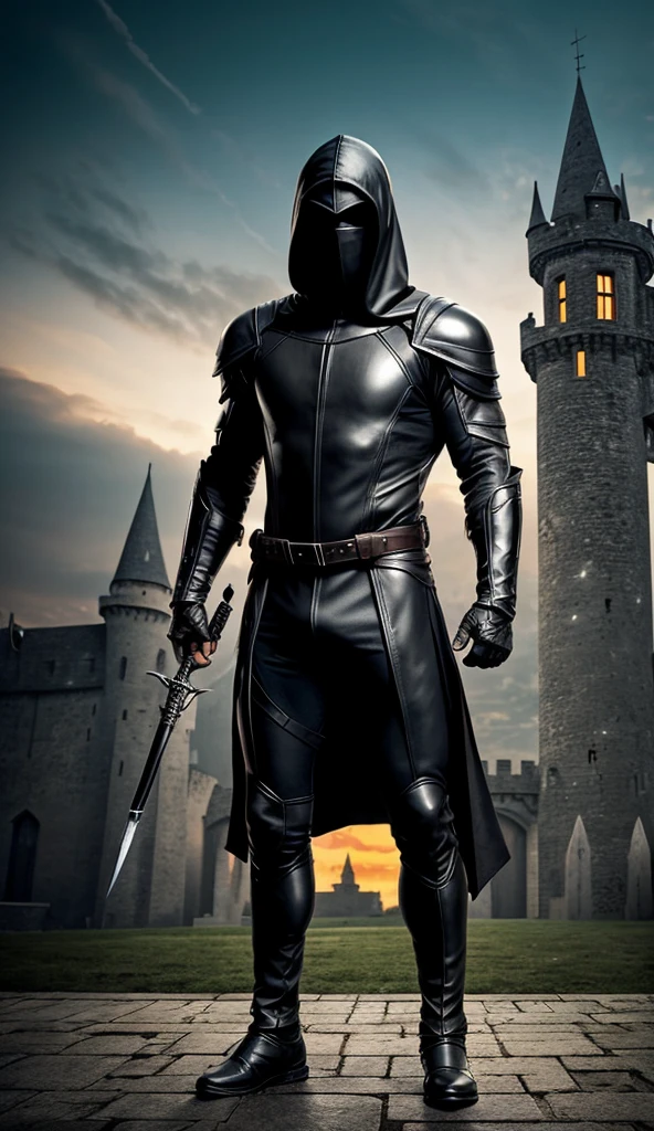 A full-body image of a muscular adult male.black leather full-body image 、face mask and hood, a hooded person in invisible armor . wears leather armor, Tights.epic ninja suit, rogue.Leather fit to cover the whole body. smooth leather .Boy Teenage Assassin , stealth suit , Another World assassin , stand on the roof of a castle. . black night . Dark atmosphere .Low light.Weak lights cast dramatic shadows. Weird Another World atmosphere . Another World city. .whole body image.Handheld composite mechanical giant bow.full body photo.FANTASY
