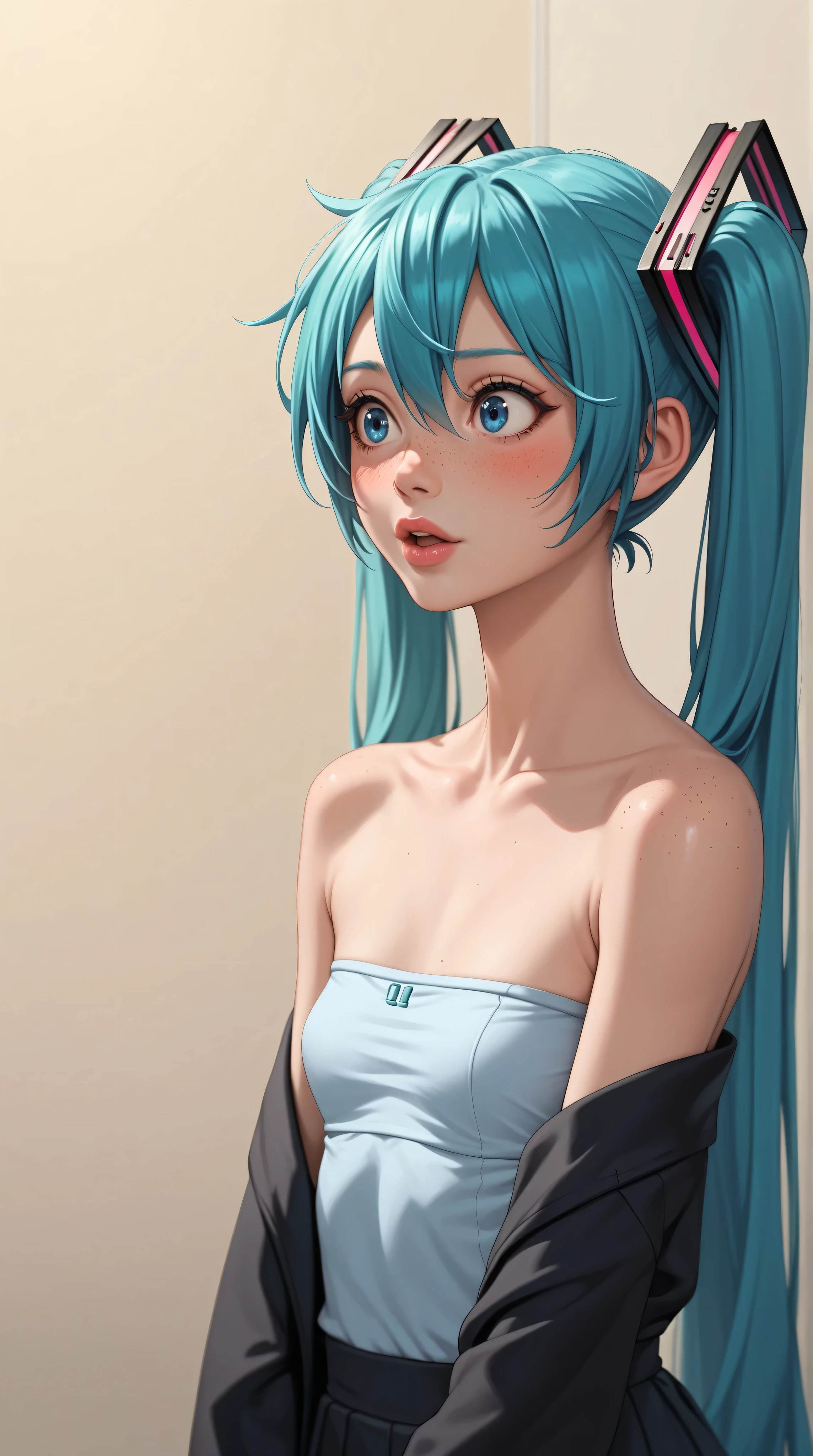 (masterpiece, highres, high resolution:1.2), anime 20 yo girl, hatsune miku from vocaloid, blue hair, blue eyes, portrait, shoulders up, illustration. drawn, blushing, solo, surprised, freckles, big lips, small breasts, perfect body, wearing a tube top, no hands.