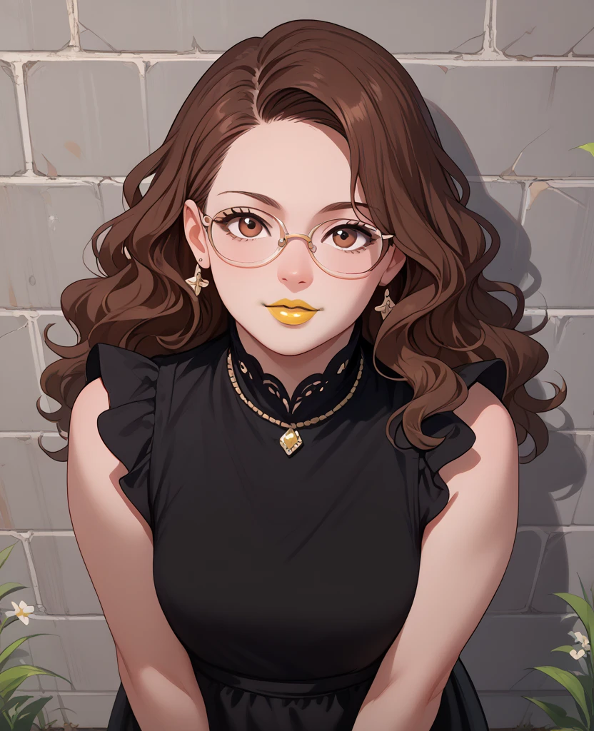 woman, dark brown hair, brown eyes, white skin, black dress, little dress, yellow lipstick, wavy hair, looking at viewer, anime style, leaning against cement wall, gray wall, backyard, glasses, standing on grass