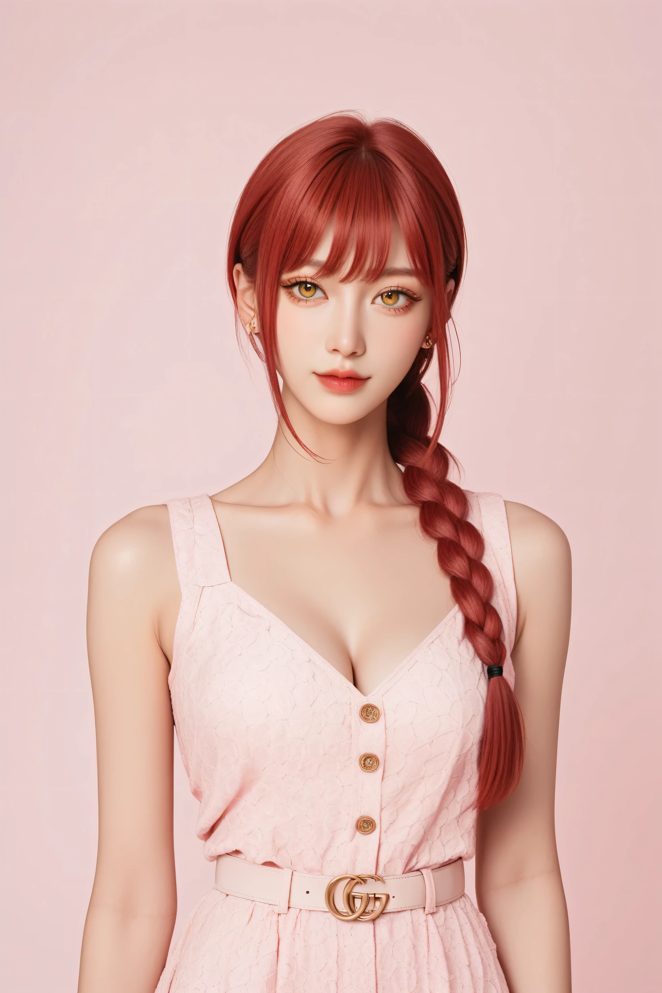 Asian **** idol girl, makima from chainsaw man, gucci fashion, slender body, upper body, red hair, braid, yellow eyes, big breasts, cleavage, no background, pink background