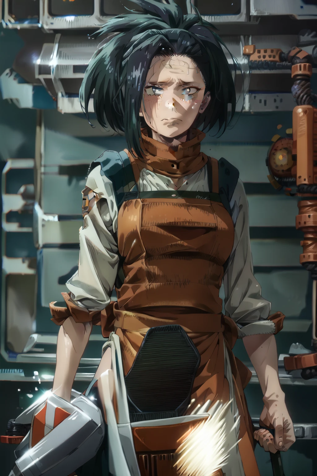 yaoyorozu_momo, boku_no_hero_academia, 1girl, black_hair, black_eyes, d3t41l3d
  masterpiece, best quality, large breasts, nervous, looks tired, ,  suspender skirt, apron lifted,, nervous, embarrassed, black panties,  , hand lifts apron, (naked apron:1.1