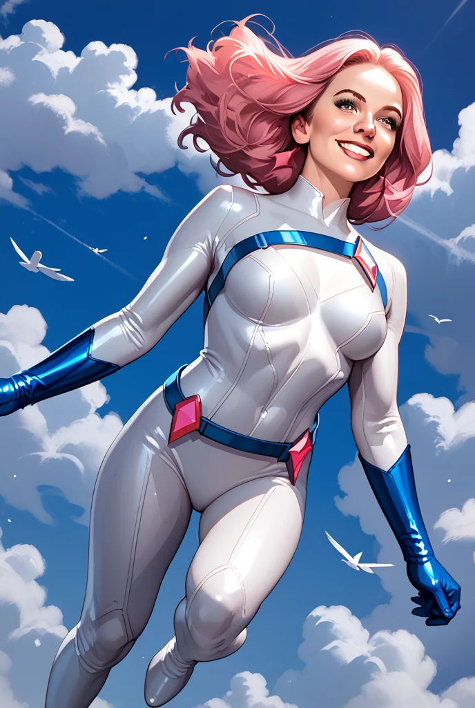 Sexy jessica jones,flying in the clouds,thight suit,pink hair,smiling,blue gloves,white suit