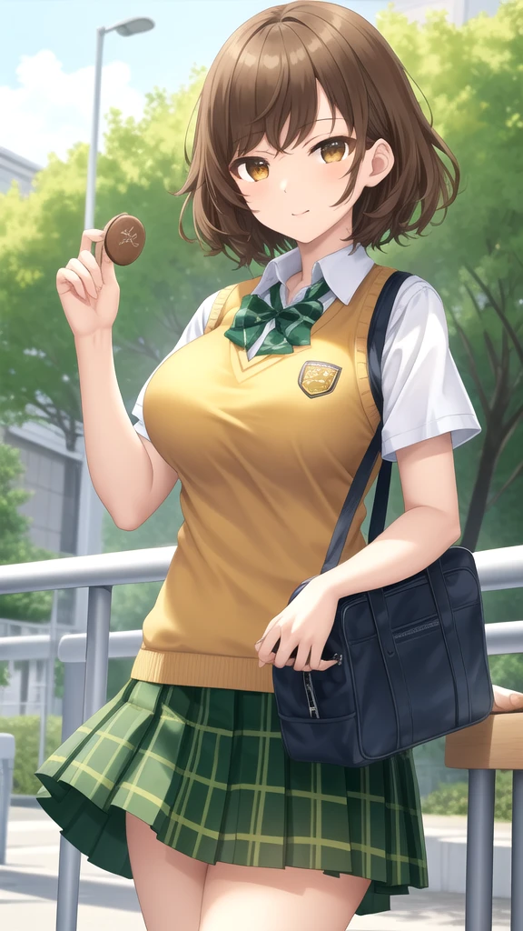 masterpiece, best quality, high quality, girl, solo, looking at viewer, kogure_kawanami, brown hair, brown eyes, large breasts, school uniform, green bowtie, white shirt, short sleeves, sweater vest, yellow vest, plaid skirt, green skirt, standing, cowboy shot, outdoors 