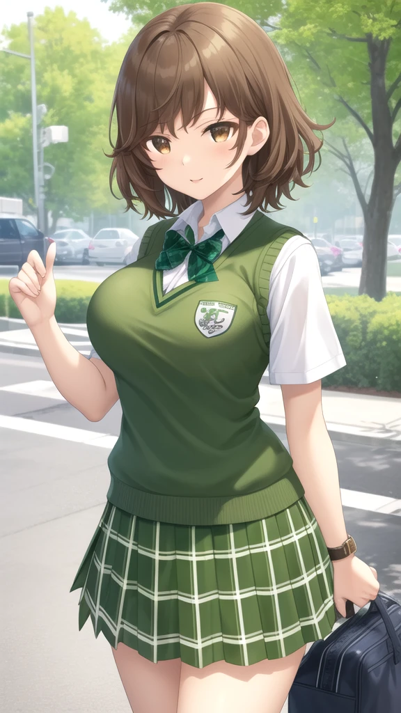 masterpiece, best quality, high quality, girl, solo, looking at viewer, kogure_kawanami, brown hair, brown eyes, large breasts, school uniform, green bowtie, white shirt, short sleeves, sweater vest, yellow vest, plaid skirt, green skirt, standing, cowboy shot, outdoors 