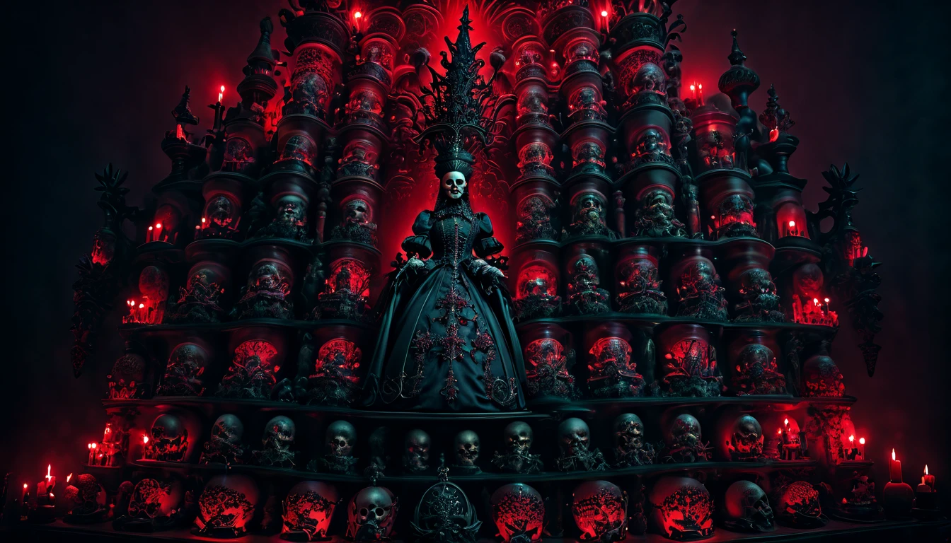 A Christmas tree surrounded by skulls, with a red ribbon around it, detailed intricate ornaments, glowing lights, dark moody atmosphere, dramatic cinematic lighting, gothic horror, muted colors, ominous presence, (best quality,4k,8k,highres,masterpiece:1.2),ultra-detailed,(realistic,photorealistic,photo-realistic:1.37),dramatic,dark fantasy,sinister,eerie,haunting