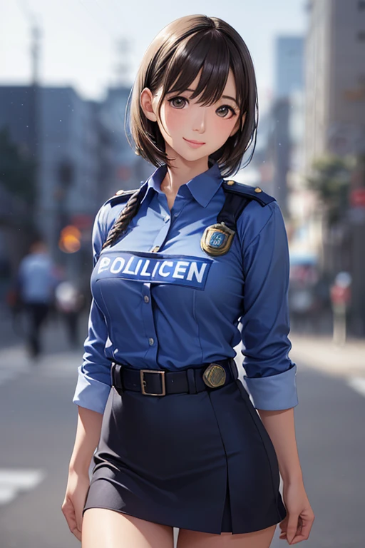 (masterpiece:1.2,  top quality ), ( realistic , photo realistic :1.4), beautiful illustrations,(Natural side lighting,  movie lighting), 1 Woman , Japanese , mature woman, female police officer on patrol,48 years old, perfect face, Symmetrical face,  glowing skin,, big eyes,Sexy Eyes,(smile),(whole body),break((sexy cop shirt )),(( tight miniskirt in a container)),(The background is a street corner:1.5),((( Blurred Background:1.5))),(( Police Uniform)),