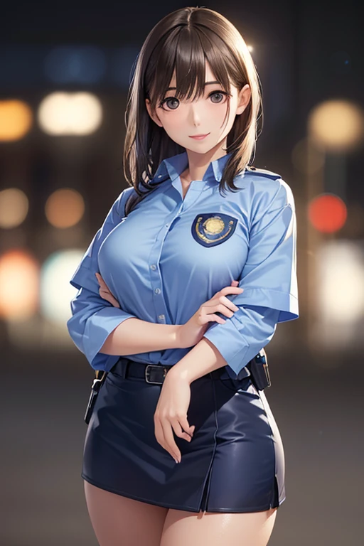 (masterpiece:1.2,  top quality ), ( realistic , photo realistic :1.4), beautiful illustrations,(Natural side lighting,  movie lighting), 1 Woman , Japanese , mature woman, female police officer on patrol,48 years old, perfect face, Symmetrical face,  glowing skin,, big eyes,Sexy Eyes,(smile),(whole body),break((sexy cop shirt )),(( tight miniskirt in a container)),(The background is a street corner:1.5),((( Blurred Background:1.5))),(( Police Uniform)),