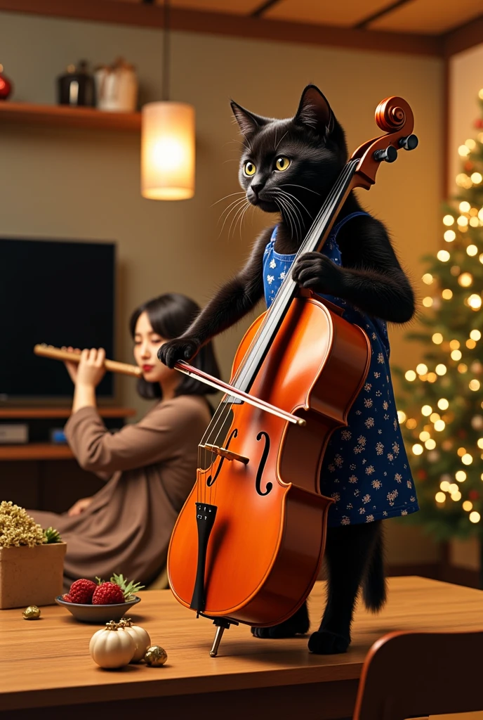 ultra-realistic, photorealistic, dramatic scene, shadow, global-illumination, A duo performance of the woman's flute and human-like kitten's cello at a modest home Christmas party, the human-like kitten\(cute, black kitten, wearing a snow patterned blue apron, playing the cello on the table, holding a cello bow, standing\), in the stylish Japanese apartment room), 1 woman\(flutist, beautiful with cute Japanese woman, 20 years old, simple dress, playing the detailed flute, sitting on a chair, shoulder-length brown ponytail hair, smile\), the woman looks so happy, a TV and table and shelf are in the room, gorgeously decorated with Christmas decorations, (gorgeously decorated Christmas tree), stylish furnishings, 