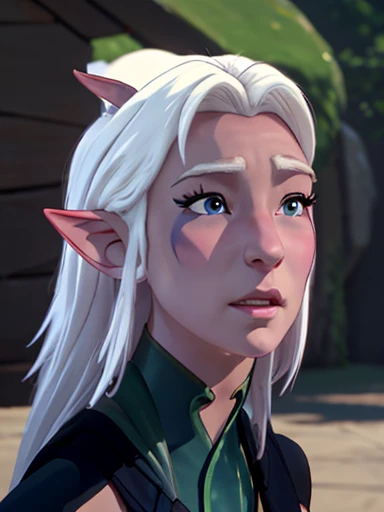  Rayla  , ALBINA ELF , blue eyes pink cheeks full lips,   tight white skin ,  NSFW, huge breasts,  close up of 8k wallpaper  