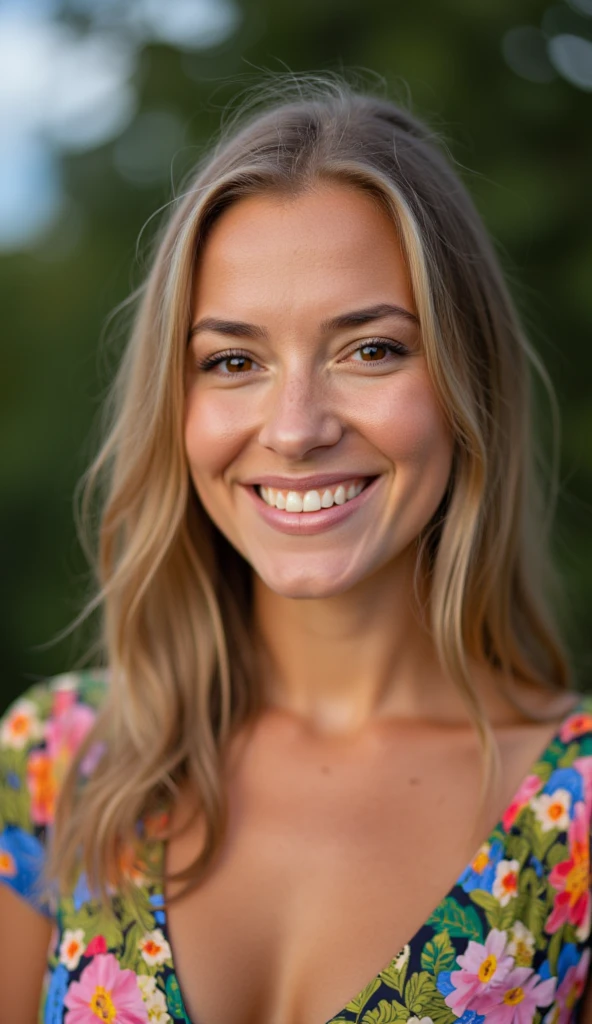 A close up of a woman in a floral dress smiling