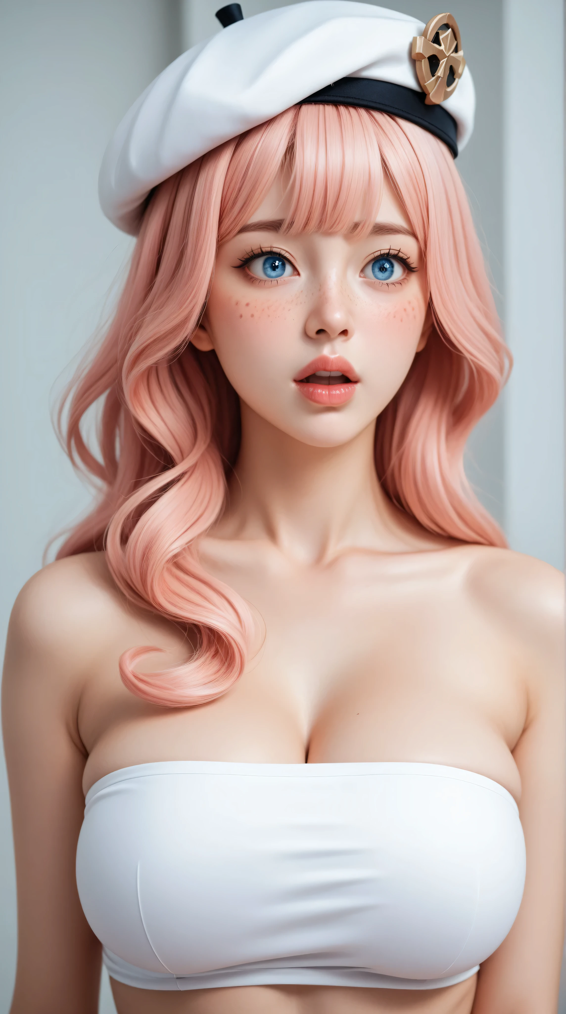 (masterpiece, highres, high resolution:1.2), anime 20 yo girl, Charlotte from Genshin Impact, beret, pink hair, blue eyes, portrait, shoulders up, illustration. drawn, blushing, solo, surprised, freckles, big lips, huge breasts, perfect body, wearing a tube top, no hands.