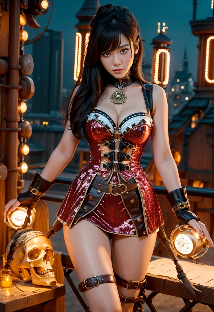(Highest quality, Realistic, Cinema Lighting, 8k, masterpiece, Vibrant colors, Dramatic Shadows, Dynamic pose)
blunt bang:1.5,((large breast)), (full body, standing), Beautiful armpit break (red and black theme:1.4), (red Tricorne hat with skull(symbol) print:1.4), ((elegant and sexy female pirate outfit, red dirndl with lace-up):1.3), ((red long sleeve with multi-layered ruffles, engageante):1.3), (fusion of red corset and pinafore:1.4), (red tiered skirt with multi-layered ruffles:1.3), ((bare shoulders, collarbone, shoulder strap):1.3), (garter belt:1.3), (black thigh high boots with heels:1.2),((On the boat、deck))
