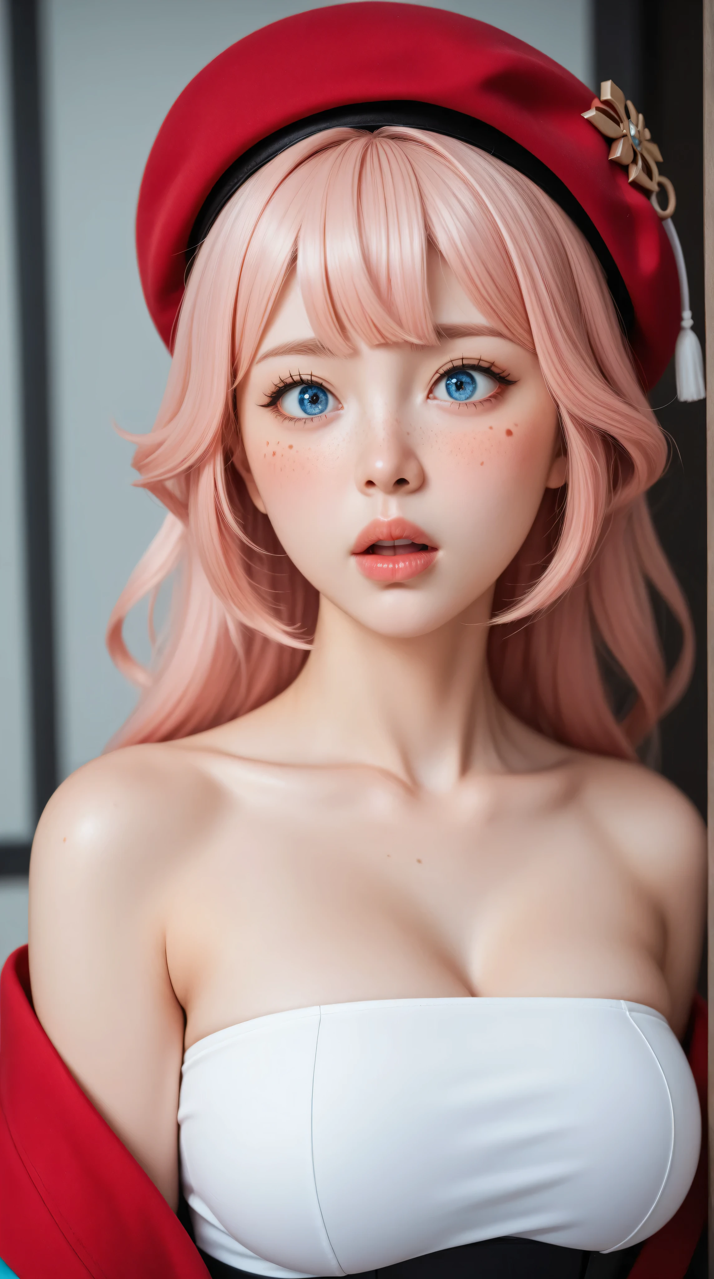 (masterpiece, highres, high resolution:1.2), anime 20 yo girl, Charlotte from Genshin Impact, beret, pink hair, blue eyes, portrait, shoulders up, illustration. drawn, blushing, solo, surprised, freckles, big lips, huge breasts, perfect body, wearing a tube top, no hands.