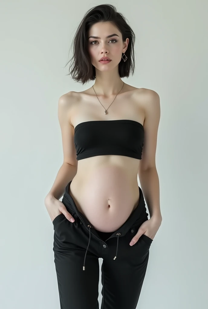 (1 girl:1.0), pregnant asian girl wearing a black bikini top and bottom, facing sideways, profile shot, (perfect belly), 19 years old, (hyper realistic), 4k resolution, (perfect belly), perfect legs, perfect arms